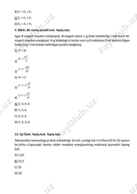 dagi kuchlanishning maksimal qiymati 50 v bo‘lsa, uning effektiv qiymatini toping (v). a) 100 b) 50 c) d) 50 21. (q-2.8 ball) kuchlanish u = 220cos100πt(v) qonunga binoan o‘zgaradi. kuchlanish tebranishlarining siklik chastotasi (rad/s) qanday? a) 100π b) 100 c) 50 d) 50π 25. (q-2.8 ball) o‘zgaruvchan tok zanjiriga faqat sig‘im qarshiligi xc = 20 ω bo‘lgan kondensator ulangan. undagi maksimal kuchlanish umax = 200 v bo‘lsa, maksimal tok kuchi imax ni (a) toping. a) 10 b) 20 c) 15 d) 5 29. (q-2.8 ball) kuchlanishning amplituda qiymati umax bo‘lgan o‘zgaruvchan tok zanjiriga rezistor ulanganda tok kuchi amplitudasi 1 a bo‘ldi. rezistorda ajralgan o‘rtacha quvvat 100 w ga teng bo‘lsa, umax ni toping. a) 20 b) 30 c) 60 d) 200 image5.wmf oleobject3.bin image6.wmf oleobject4.bin image7.wmf oleobject5.bin image8.wmf oleobject6.bin image9.png image10.png image11.png image12.png image13.png image14.png image15.png image16.png image1.png image2.png image3.wmf oleobject1.bin image4.wmf oleobject2.bin ф t x d =- d фli …