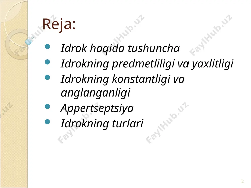 tashqi olam ob’ektlariga qaratilmagan bo‘lar edi. * idrokning murakkabligi sezgilar oddiy elementar psixik jarayondir. idrok esa sezgilarga qaraganda murakkab psixik jarayon hisoblanadi. * idrokning predmetliligi va yaxlitligi. predmetlilik idrokning sifati tarzida ish-harakatlarni boshqarishda alohida rol o‘ynaydi. bu xususiyat yordamida tashqi olamdan olingan ma’lumotlarni ana shu olamning o‘ziga solishtirib ko‘riladi va idrok obrazlarining real predmetlariga adekvat (mosligi) taminlanadi. tashqi olam bilan aks ettirilishi mos kelmay qolgan xollarda odam to‘g‘riroq aks ettirishni ta’sinlovchi idrokning yangi usullarini qidirishga majbur bo‘ladi. * idrokning yaxlitligi. yukorida ko‘rsatganimizdek, idrok sezgi a’zolariga ta’sir kiluvchi narsa va hodisalarning ayrim xususiyatlarini aks ettiruvchi sezgilardan farqli ravishda, narsalarning yaxlit obrazidir. o‘z-o‘zidan ravshanki, bu yaxlit obraz turli modallikdagi sezgilar orkali olingan narsalarning ayrim xususiyat va sifatlari haqidagi bilimlarni umumlashtirish asosida vujudga keladi. * idrokning murakkabligi quyidagilarda ifodalanadi: har bir idrok tarkibiga ayni vaqtda bir necha sezgi kiradi. masalan, qovunni idrok qilish. bunda quyidagi sezgilar ishtirok etadi qovunning shakli va rangini aks …