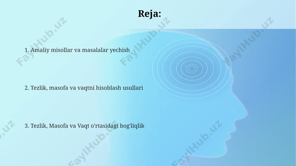oat vaqt sarflaydi. bu misol oddiy hisob-kitoblarni amalda qo'llashni namoyish etadi. vaqtni hisoblash formulasi formula (v = s/t) yordamida 70 km/soat tezlikda 210 km masofani bosib o'tish uchun 3 soat vaqt kerakligini aniqlash mumkin. tezlik birligi km/soat bo'lib, bu xorazm viloyati kabi hududlarda tezlikni o'lchash uchun qo'llaniladi. vaqtni hisoblash formulasi (t = s/v) yer yuzasida 100 km masofani 50 km/soat tezlikda bosib o'tish uchun 2 soat vaqt ketishini aniqlashda qo'llaniladi. samarqanddan buxorogacha bo'lgan 300 km masofani 60 km/soat tezlikda avtomobil bilan bosib o'tish uchun zarur bo'lgan vaqtni hisoblashda ushbu formula juda muhimdir. turli xil tezlik turlari doimiy tezlik, masalan, poyezd 80 km/soat tezlikda 200 km masofani bosib o'tishda, uning tezligi butun yo'l davomida o'zgarmaydi. bu ideal holat. o'rtacha tezlikni hisoblashda, masalan, toshkentdan samarqandgacha bo'lgan 350 km masofani 5 soatda bosib o'tilsa, o'rtacha tezlik soatiga 70 km ni tashkil etadi. bu murakkab yo'llarni hisobga olmaydi. tezlanish, ya'ni tezlikning vaqt birligidagi o'zgarishi, …