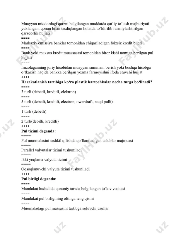 ikatsiya ==== restriktsion, devalvatsiya ==== targetirlash, revalvatsiya ++++ "yevro" pul birligi naqdsiz shaklda qachondan boshlab muomalaga kiritildi? ==== 1999 yil 1 yanvardan ==== 2000 yil 1 yanvardan ==== 2002 yil 1 yanvardan ==== 2003 yil 1 yanvardan ++++ “so‘m ko‘pon” nechanchi yilda muomalaga kiritildi. ==== 1993 yil 15 noyabr ==== 1992 yil 15 oktyabr ==== 1991 yil 1 avgust ==== 1994 yil 1 iyul ++++ 1000 “so‘m”lik banknotalar qachon muomalaga kiritildi ==== 2001 yil ==== 1994 yil ==== 1997 yil ==== 1996 yil ++++ pulning mohiyati qaysi funktsiyalarda namoyon bo’ladi? ==== muomala, to’lov, jamg’arma vositasi, qiymat o’lchovi funktsiyalarida ==== qiymat o’lchovi va to’lov vositasi funktsiyasida ==== erkin va aylanish funktsiyasida ==== jahon puli funktsiyasida ++++ pulning muomala vositasi funktsiyasida qanday pullar ishtirok etadi: ==== faqat naqd pul ishtirok egadi ==== naqd pul va naqd bo’lmagan pullar ishtirok etadi ==== faqat pul bo’lmagan pul ishtirok etadi ==== kredit real pullar qatnashadi …