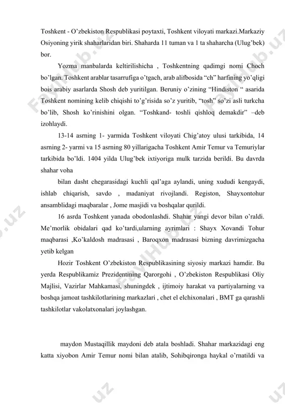 shkent o’zbekistonning madaniy markazidir . bu yerda juda ko’plab universitetlar, institutlar, maktab va bog’chalar , teatrlar, istirohat bog’lari, sirk va boshqalar bor. toshkent o’rta osiyodagi eng yirik transport chorrahasi, aeroporti xalqaro ahamiyatga ega. shaharda temir yo’l vokzali, 2 aeroport, avtovokzal , avtostansiyalar ishlab turibdi. toshkendagi ziyoratgoh joylardan shayx zayniddin , cho’ponota, kaffol shoshiy , xo’ja alambardor maqbaralari mavjud. toshkenda ko’plab kasalxonalar, sport inshoatlari mavjud. toshkentning asosiy televizion minorasi yunusobod tumani xududida joylashgan. toshkent metropoliteni hozirgi kunda 3 ta yo’nalishda marshrutlar olib bormoqda. toshkenda juda ko’p gazeta va jurnallar chor etiladi. bizning majmuamiz toshkent shahrining sergeli tumanida joylashgan. sergeli tumani 1967 yilda tashkil etilgan. sergeli tumanida 1101 korxona bo’lib, shulardan 167 tasi yirik , 252 tasi kichikdir. tuman xududida choshtepa va no’g’ayqurbon arxeologik yodgorliklari bor. 2006 yil avgust oyida sergeli tumanida yangi ko’prik ishga tushirildi. tumanda 27 ta umumiy ta’lim maktablari, 5ta maktabdan tashqari ta’lim markazlari , 6 kasb-hunar kolleji, 2 …