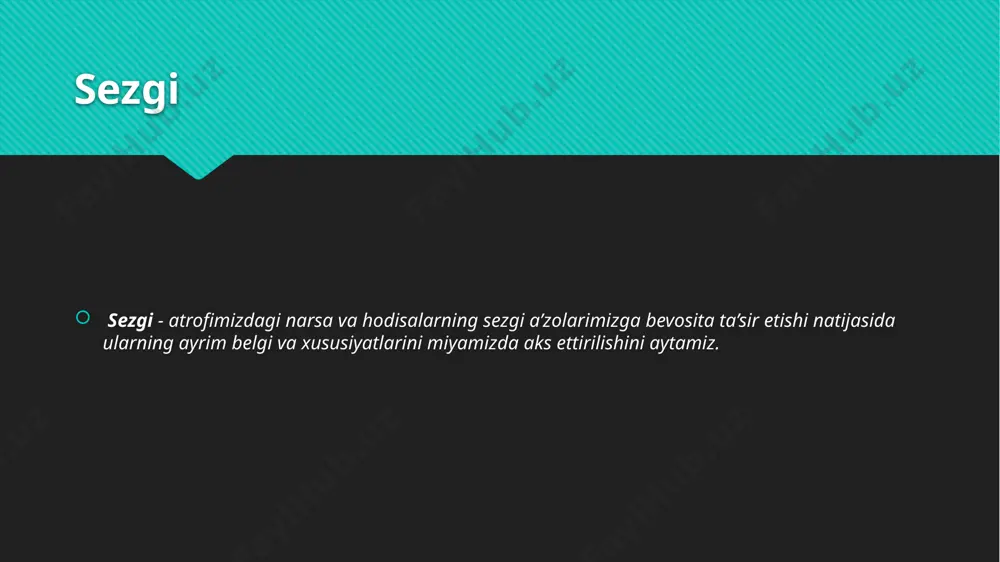 oddiy psixologik jarayon bo‘lgani bilan uning yuzaga kelishi o‘z-o‘zidan hosil bo‘lmaydi. sezgilarning nerv – fiziologik asoslari ma’lumki, sezgilar faqatgina tashqi ta’sirlar natijasida hosil bo‘lmay, balki organizmning ichki holatida ham amalga oshiriladi. sezgi nerv tizimining u yoki bu qo‘zg‘atuvchidan ta’sirlanuvchi reaksiyalari tarzida hosil bo‘ladi va har qanday psixik hodisa kabi reflektorlik xususiyatiga egadir. sezgilarning nerv – fiziologik asosini qo‘zg‘atuvchining o‘ziga aynan o‘xshaydigan analizatorga ta’siri natijasida hosil bo‘ladigan nerv jarayoni tashkil qiladi. shuningdek, sezgilarning nerv fiziologik asosini o‘rganishda i.p.pavlov ta’biri bilan aytganda analizator apparati tashkil etadi. analizator – tashqi va ichki muhitdan keladigan ta’sirotlarni qabul qilib olib, fiziologik jarayon bo‘lgan qo‘zg‘alishni psixik jarayonga, ya’ni sezgilarga aylantiruvchi nerv mexanizmlari tizimi. analizator apparati 3 qismdan tashkil topgan bo‘lib, ular quyidagilardan iborat: periferik (retseptor) – tashqi quvvatni nerv jarayoniga o‘tkazadigan maxsus transformator qismi; analizatorning periferik bo‘limining markaziy analizator bilan bog‘laydigan yo‘llarni ochadigan afferent (markazga intiluvchi) va efferent (markazdan qochuvchi) nervlar; analizatorning periferik bo‘limlaridan keladigan nerv …