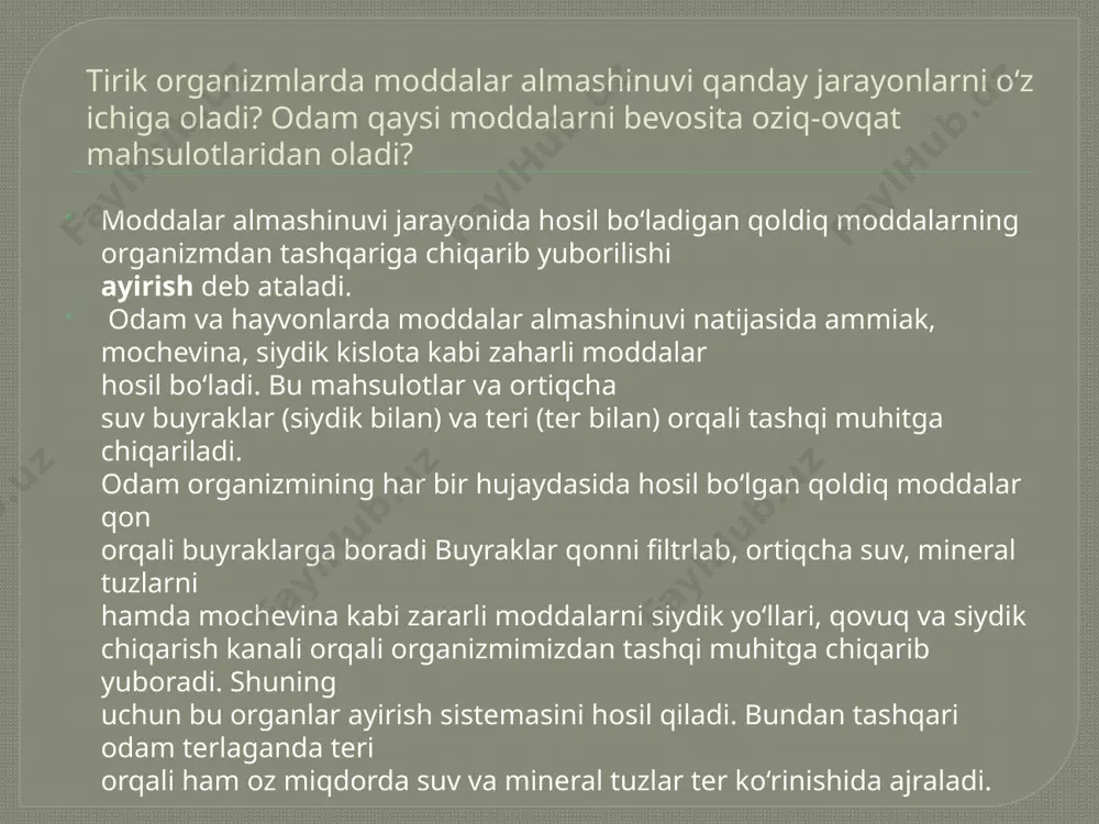 yonida yashil barglarda suv va karbonat angidriddan quyosh nuri ta’sirida organik moddalar hosil bo‘ladi. fotosintezda hosil bo‘ladigan kislorod qoldiq modda sifatida tashqi muhitga ajratiladi. o‘simlik barglarida yil davomida zararli moddalar to‘planadi. o‘simliklar barglarini xazonrezgilik paytida to‘kib, shu tariqa zararli moddalardan xoli bo‘ladi. nafas olish jarayonida o‘simliklar qoldiq modda sifatida karbonat angidrid, fotosintez jarayonida esa qoldiq modda sifatida kislorodni tashqi muhitga ajratadi. kuzda ildiz sovuq suvni so‘rib ololmaydi, natijada o‘simliklarning yer ustki qismi suv harorat bilan ta’minlanmay qoladi. barg bandining novdaga birikkan joyida po‘kak hosil bo‘ladi va barg novdadan ajraladi. image2.jpeg image3.jpeg image4.jpeg image5.png image6.jpeg image7.jpeg image8.jpeg image9.png image10.png image11.jpeg /docprops/thumbnail.jpeg