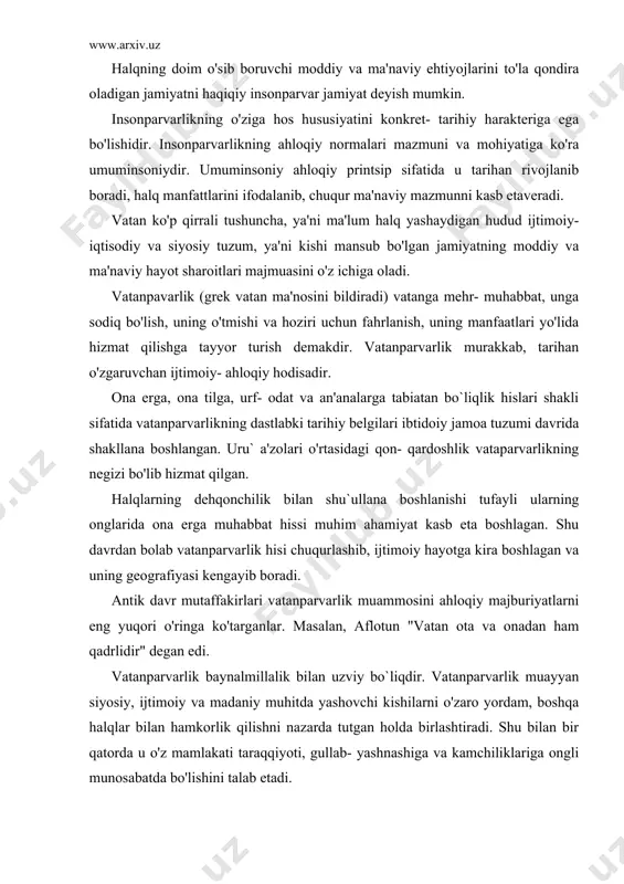 nparvarlik muayyan siyosiy, ijtimoiy va madaniy muhitda yashovchi kishilarni o'zaro yordam, boshqa halqlar bilan hamkorlik qilishni nazarda tutgan holda birlashtiradi. shu bilan bir qatorda u o'z mamlakati taraqqiyoti, gullab- yashnashiga va kamchiliklariga ongli munosabatda bo'lishini talab etadi. o'zbekiston halqining hozirgi kundagi asosiy vazifasi insonparvar, demokratik, huquqiy davlat barpo etishdir. bunday sharoitda har bir fuqaroning o'z ona vataniga muhabbati, unga sodiqligi, o'z faoliyatini uning ravnaq topishiga ba`ishlashi barcha yutuqlarimiz, muvafaaqiyatlarimiz garovidir. yahshilik va yomonlik ahloqiy ongning eng umumiy mezoniy tushunchalariga kiradi. bu o'rinda yahshilikni baht- saodat, ezgulikdan farqlay bilish lozim, chunki yahshilik insoniyat baht- saodati ezgu niyatlarining ahloqiy tomonini ifoda etadi. chunki voqelik har doim kishilar uchun baht- saodat hodisasi sifatida, kishlarining moddiy va ma'naviy ehtiyojlarini qondirish tushunchasida namoyon bo'ladi. yahshilik ijtimoiy hodisalarni, shuningdek ahloqiy hatti- harakat, hulq- atvor kishilar nuqtai nazaridan ijobiy baholari majmuini anglatadi. yomonlik tushunchasida kishilarning maqsadiga, ular e'zozlaydigan narsalarga zid keladigan, bahtga erishishga, odamlar orasidagi munosabatlarda ijobiy …