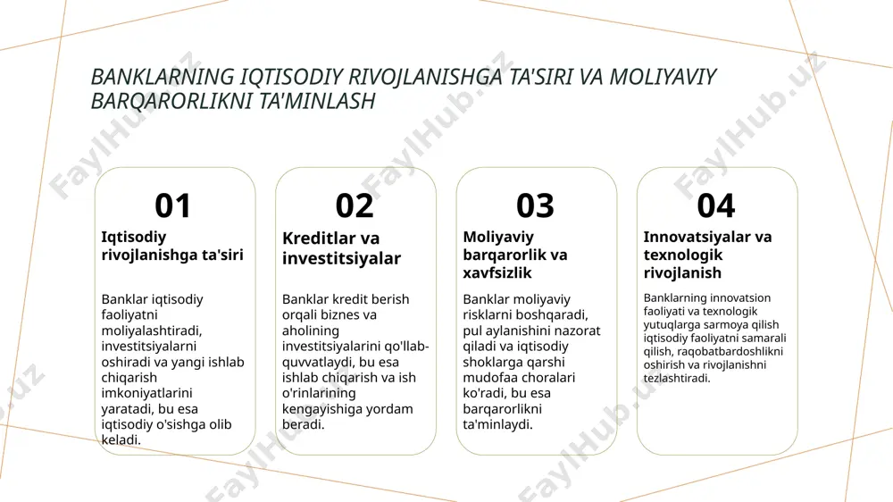 radi. 2 muammoli kreditlar bilan kurash - banklar muammoli kreditlar muammosini hal qilish uchun qarz berish siyosatini qat’iylashtiradi, kreditlarni ehtiyotkorlik bilan baholash va nazorat qilish muhimdir. 3 innovatsiyalar va texnologik rivojlanish - digital texnologiyalar va onlayn bank xizmatlari orqali operatsiyalarni samarali qilish, shuningdek, xavf-xatarlarga qarshi kurashishda innovatsiyalar muhim rol o‘ynaydi. uzbekistan banklarining iqtisodiy rivojlanish va barqarorlikdagi o'rni va xususiyatlari 1 banklarning iqtisodiy rivojlanishga ta'siri o'zbekiston banklari investitsiyalarni rivojlantirish va yangi ish o'rinlari yaratishda muhim rol o'ynaydi, iqtisodiy o'sishni qo'llab-quvvatlaydi. 2 moliyaviy barqarorlikni ta'minlash banklar moliyaviy barqarorlikni mustahkamlash uchun risklarni boshqaradi, pul-kredit siyosatini amalga oshiradi va iqtisodiy shoklarga moslashadi. 3 xususiyatlari va rivojlanishi o'zbekiston banklari hukumat bilan hamkorlikda rivojlanmoqda, raqamli texnologiyalarga o'tmoqda va xalqaro standartlarga moslashmoqda. 4 iqtisodiy rivojlanishga qo'shgan hissasi banklar kreditlar berish orqali biznes va shaxsiy ehtiyojlarni qondiradi, iqtisodiy faollikni oshiradi va mamlakat iqtisodiy barqarorligini mustahkamlaydi. o'zbekiston banklarining moliyaviy tizimdagi asosiy vazifalari va ahamiyati 01 moliyaviy faoliyatning asosiy vazifalari …