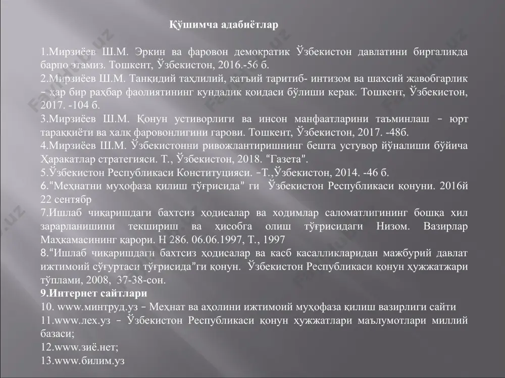ҳолатлар сабабчи бўлган. масалан, 1988 йилда арманистонда содир бўлган 9 баллик зилзила, чернобиль атом электр станциясининг 4-блокидаги портлаш, сув ва темир йўл транспортидаги кўплаб авария ва фалокатлар. ишлаб чиқаришдаги, транспортдаги, саноатдаги, қишлоқ хўжалигидаги ва турмушдаги бахтсиз ҳодисалар ва фалокатлар, жароҳатланишлар, одамларнинг ҳалок бўлиш ҳолатлари йилдан-йилга ошиб борган. буни 1990 йилнинг қуйидаги статик маълумотларида кўриш мумкин: бир йил давомида 15 та республикада ҳаммаси бўлиб 19...20 миллион одам тинч даврда турли даражадаги тан жароҳати олган, шундан ўртача 300 мингги ҳалок бўлган, ўртача 30 мингги ногиронга айланган. ҳар куни ўртача 1,5 миллион ишчи ишга чиқмаган. йил давомида кўриладиган иқтисодий зарар 28 миллиард рублни ташкил қилган. ишлаб чиқаришда эса ҳар йили ўртача 700 минг бахтсиз ҳодиса содир бўлиб, шунда ўртача 14 минг ишчи ҳалок бўлган. ишлаб чиқаришда ва ҳаётда инсон хавфсизлигини таъминлаш бўйича таълим ва тарбия ишларининг бутунлай ташлаб қўйилгани; кадрлар малакасининг оширилмаслиги; “меҳнат муҳофазаси” фанини ўқитишни ўрта, ўрта-махсус ва олий мактабларда қисқартириш ёки …