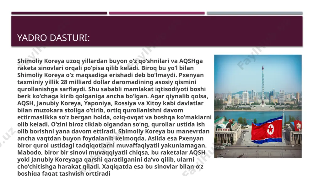 koreya tashkil qilinganidan beri uni bir oila boshqarib kelmoqda. shimoliy koreya kommunistik davlat hisoblanmaydi. pxenyan stadioni dunyodagi eng katta stadiondir. shimoliy koreyaning o’z taqvimi bor. shimoliy koreyaliklar internetdan foydalana olmaydilar. shimoliy koreya aholisining savodxonlik darjasi 100% deb da’vo qiladi. shimoliy koreyaga faqat ikki davlat fuqarolari vizasiz sayohat qilishlari mumkin.malayziya yoki singapur pasportiga ega bo’lmasangiz, shimoliy koreyaga tashrif buyurish uchun viza olish uchun ariza topshirishingiz kerak bo’ladi. shimoliy koreya dunyodagi to’rtinchi eng katta armiyaga ega! shimoliy koreyada jami 4 ta telekanallar mavjud. shimoliy koreyada qanday avtomobillardan foydalanishadi? shimoliy koreyada haligacha mashinalar deyarli yo‘q. bunday hashamat faqat hukmron elita va davlat xizmatchilariga nasib qiladi — mamlakatda avtomobil bilan ta’minlanganlik darajasi sayyoradagi eng past ko‘rsatkichga teng: bu yerda 1000 nafar aholiga 0,22 ta mashina to‘g‘ri keladi. avtomobil egasi bo‘lish uchun qandaydir noodatiy ishni amalga oshirish kerak (shunda oliy rahbariyatdan avtomobilni sovg‘a sifatida olish mumkin). shimoliy koreyaliklarga chet ellik qarindoshi ham yordam berishi mumkin. …