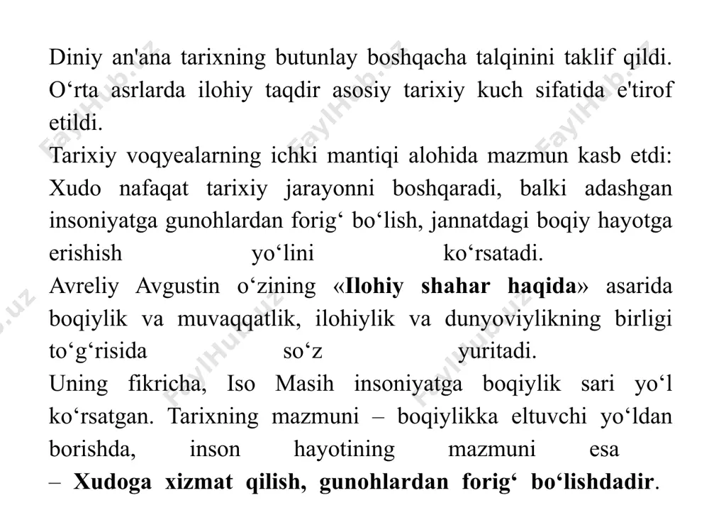 ismi hisoblanadi. tarix falsafasining predmeti esa tarixiy jarayon va tarixiy bilishni talqin qilish, ularning mazmunini yoritib berishdan iborat. ammo bu tarix falsafasini tavsiflashga nisbatan birdan-bir yondashuv emas, chunki tarixiy rivojlanish jarayonida tarix falsafasining predmeti va muammolari sezilarli darajada o‘zgargan va hozirgi vaqtda tarix falsafasining turli yo‘nalishlari tomonidan har xil talqin qilinadi. tarix falsafasining asosiy tarkibiy qismlari: tarix falsafasi ontologiyasi – bu tarix falsafasining tarixiy borliq muammolari, chunonchi: tarixning mazmuni va yo‘nalishi, ijtimoiy taraqqiyot, ijtimoiy determinizm, yagona tarixiy makonning vujudga kelishi, jahon tarixining yagonaligi asoslarini, insonning koinotdagi o‘rnini aniqlash, tarixiy vaqt masalasi va hokazolarni o‘rganish bilan shug‘ullanuvchi tarkibiy qismi. tarix falsafasi gnoseologiyasi asosiy e’tiborni tarixiy bilish muammolariga, aniqroq aytganda, tarixiy faktlar va voqealarni o‘rganish, tahlil qilish va tushuntirish, tarixiy bilimning o‘ziga xos xususiyatlarini aniqlash, shuningdek tarixiy bilishda haqiqatning tagiga yetishga qaratadi. tarix falsafasi tarixi tarix falsafasining vujudga kelishi va rivojlanishi, tarix falsafasi predmetining shakllanishi muammolarini, tarix falsafasining turli yo‘nalishlar va oqimlar …