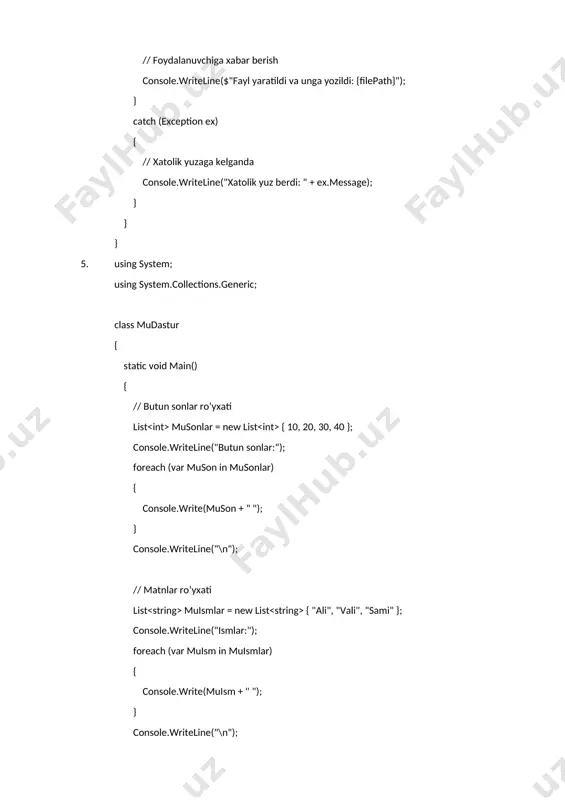 = "namuna.txt"; string siqilganfaylnomi = "namuna.gz"; // fayl yaratish va unga yozish file.writealltext(faylnomi, "salom, bu c# fayl oqimi misoli!"); console.writeline("fayl yaratildi va yozildi: " + faylnomi); // faylni o‘qish string mazmuni = file.readalltext(faylnomi); console.writeline("fayldagi ma'lumot: " + mazmuni); // jild (katalog) mavjudligini tekshirish string jildnomi = "sinovjildi"; if (!directory.exists(jildnomi)) { directory.createdirectory(jildnomi); console.writeline("jild yaratildi: " + jildnomi); } // faylni siqish (zichlash) using (filestream aslfayloqimi = file.openread(faylnomi)) using (filestream siqilganfayloqimi = file.create(siqilganfaylnomi)) using (gzipstream siqishoqimi = new gzipstream(siqilganfayloqimi, compressionmode.compress)) { aslfayloqimi.copyto(siqishoqimi); } console.writeline("fayl siqildi: " + siqilganfaylnomi); } } 12. using system; using system.linq; using system.collections.generic; class program { public class student { public string name { get; set; } public int age { get; set; } public string grade { get; set; } public student(string name, int age, string grade) { name = name; age = age; grade = grade; } } static void main() { // talabalar ro'yxatini yaratish …