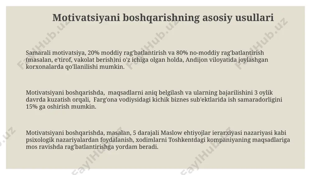 atsiyaning samaradorligi 2 omilga bog'liq: shaxsning individual ehtiyojlari va tashqi muhitning rag'batlantiruvchi omillari, masalan, aqshdagi yuqori ish haqi motivatsiya darajasiga ta'sir qiladi. jamoa motivatsiyasi va uning boshqaruvi jamoa motivatsiyasi samaradorligini 20% ga oshirish uchun, toshkentdagi 50 ta kompaniyada o'tkazilgan tadqiqotlar shuni ko'rsatdiki, aniq maqsadlar qo'yish va muntazam ijobiy fikr-mulohazalar berish muhim ahamiyatga ega. samarqanddagi 100 nafar xodim ishtirok etgan treninglarda, 70% ishtirokchilar jamoa ichidagi raqobat va mukofotlash tizimlarining motivatsiyaga ijobiy ta'sirini ta'kidlashdi. motivatsiya darajasini o'lchash uchun, "maslow ehtiyojlar ierarxiyasi" nazariyasidan foydalanib, farg'ona viloyatida joylashgan 3 ta korxonada o'tkazilgan so'rovnomalar natijalariga ko'ra, xodimlarni rivojlantirish dasturlari muhim rol o'ynaydi. e'tiboringiz uchun rahmat @taqdimot_robot