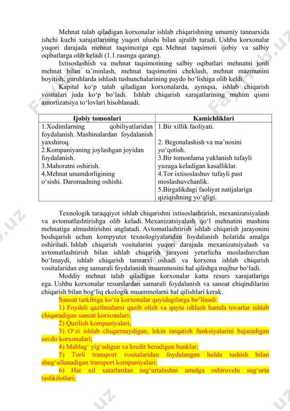 lotga aylanadi. u texnik hujjatlarning yagona tizimini, umumiy texnik siyosatni, mashinalarning yagona tizimini, umumiy yordamchi va xizmat kо‘rsatish bо‘linmalarining mavjudligini oldindan belgilaydi. tashkiliy va ma’muriy mustaqillik korxonaning yagona jamoaga, yagona boshqaruvga va yuridik shaxs huquqiga ega ekanligini anglatadi. moliyaviy va iqtisodiy mustaqillik shundaki, kompaniya о‘z faoliyatini о‘zini о‘zi ta’minlash asosida tashkil etadi va buxgalteriya hisobi va hisobotining yagona tо‘liq shakliga ega. korxonalarni kо‘plab mezonlarga kо‘ra tasniflash mumkin, eng muhimi korxonalarni tasniflashda quyidagi omillar mavjud: - faoliyatning maqsadi va mohiyati, - ishlatilgan manbalar, - sohaga qarashli; - manzil; - korxona hajmi; - mulkchilik shakli; - tashkiliy-huquqiy shakli kabilar 1. faoliyatning maqsadi va xususiyatiga kо‘ra korxonalarning ikki turini ajratish mumkin:tadbirkorlik (tijorat)vatadbirkor bо‘lmagan (notijorat), ularning mavjudligi davlatning byudjet tomonidan moliyalashtirilishi bilan ta’minlanadi. 2. amaldagi resurslarning xususiyatlariga kо‘ra korxonalar quyidagilarga bо‘linadi. - asosan mehnat resurslaridan foydalanish (mehnat talab qiladigan); - ishlab chiqarish vositalaridan intensiv foydalanish (kapital talab qiladigan); - materiallardan intensiv foydalanish (material talab …