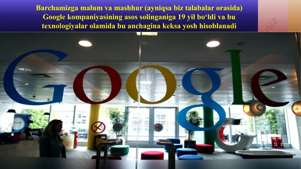 unda ularning soni 129 milliontani tashkil etadi. microsoft kompaniyasi google’ning chrome brauzeri o‘rniga o‘z brauzeridan foydalanganlik uchun maxsus bonus ballarini taqdim etadi. ballar evaziga kompaniya mahsulotlari uchun chegirmalarga ega bo‘lish mumkin. ammo dastur faqat aqsh aholisi uchun amal qiladi. google reklamadan yiliga 20 milliard dollardan ortiq pul ishlab topadi. bu cbs, nbc, abc va fox kabi eng yirik televizion kompaniyalarning praym-taym (eng yaxshi efir vaqti)dagi reklamadan olgan jami daromadlaridan ham ko‘p demakdir. yetti yil avval (2010-yil) google xaritalaridagi xatolik tufayli, nikaragua qo‘shinlari adashib, kosta-rikaga kirib borgan. google yiliga 2 trilliondan ortiq so‘rovlar ustida ishlaydi. google’dagi ba’zi stajyorlar 90 ming dollardan ortiq maosh oladi. google 1,75 milliard saytni mualliflik huquqlarini buzganlik uchun qidiruv tizimidan chiqarib tashlagan. har yili google’ga 2 millionta rezyume jo‘natiladi. google o‘zining bosh qarorgohi atrofidagi o‘tlarni “o‘rish” uchun vaqti-vaqti bilan 200 ta echkini ijaraga olib turadi. kompaniya daromadi qoshimcha reklamalar bilan 9.18mlrd $ boldi 2019-yilning ikkinchi yarmida va …