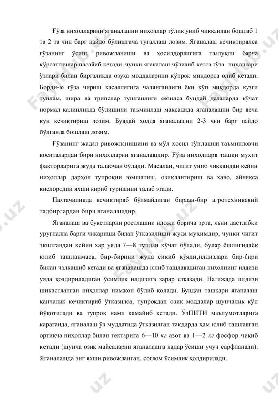 ми камайиб кетади. ўзпити маълумотларига караганда, яганалаш ўз муддатида ўтказилган такдирда ҳам юлиб ташланган ортиқча ниҳоллар билан гектарига 6—10 кг азот ва 1—2 кг фосфор чиқиб кетади (шунча озиқ майсаларни яганалашга қадар ўсиши учун сарфланади). яганалашда энг яхши ривожланган, соглом ўсимлик қолдирилади. унумдор ва ер ости сувлари чуқур жойлашган участкаларда, масалан, катор оралари 60 см дан қилиб экилганда ҳар 1 м да 8—9 тупдан кўчат қолдирилади. шунда гектарига 110—120 минг туп кўчат тўғри келади. қатор ораси 90 см қилиб экилганда гектарида 110—120 минг туп кўчат бўлиш, бунинг учун эса ҳар 1 м да 10—12 тупдан ўсимлик қолдрилиши керак. ҳозирги пайтда тупроқ унумдорлигини, ер ости сувлари сатҳини, тупроқнинг шўрланиш даражаси ва экиладиган ғўзанинг нав хусусиятини ҳисобга олган ҳолда гектарида неча минг туп кўчат бўлиши ишлаб чиқилган. ii ва iii типда шохланадиган (108- ф, 138- ф, 149- ф, с- 4727 ва тошкент-1) нав ғўзалар учун кўчат қалинлиги қуйидагича белгиланган: 1. ер ости …