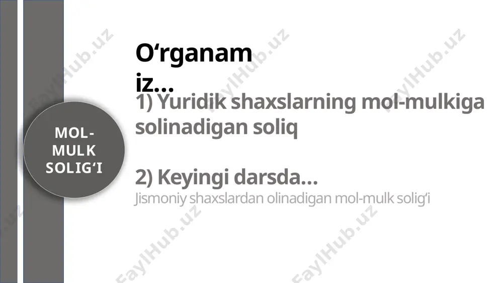 hmas mulk ob’yektlari soliq solish ob’yekti hisoblanmaydi 2) uy-joy-kommunal хoʻjaligining va belgilangan maqsadi boʻyicha foydalaniladigan boshqa umumfuqaroviy ahamiyatga molik shahar хoʻjaligi ob’yektlari. 3) umumiy foydalanishdagi avtomobil yoʻllari; quyidagi koʻchmas mulk ob’yektlari soliq solish ob’yekti hisoblanmaydi 4) sugʻorish va kollektor-drenaj tarmoqlari; 5) soliq toʻlovchining balansida boʻlgan hamda tadbirkorlik faoliyatida foydalanilmayotgan, fuqaro muhofazasi va safarbarlik ahamiyatiga molik ob’yektlar; 7) yer uchastkalari. 6) tabiatni muhofaza qilish va sanitariya-tozalash maqsadlari, yongʻin хavfsizligi uchun foydalaniladigan ob’yektlar. 1) ushbu kodeks 411-moddasi ikkinchi qismining 1 va 3-bandlarida nazarda tutilgan ob’yektlar boʻyicha - oʻrtacha yillik qoldiq qiymati. soliq bazasi yu. sh.lar mol-mulk soligʻi koʻchmas mulkning qoldiq qiymati ushbu mol-mulkning boshlangʻich (tiklanish) qiymati bilan soliq toʻlovchining hisob siyosatida belgilangan usullardan foydalanilgan holda hisoblab chiqilgan amortizatsiya miqdori oʻrtasidagi farq sifatida aniqlanadi. soliq solish ob’yektlarining oʻrtacha yillik qoldiq qiymati (oʻrtacha yillik qiymat) soliq davridagi har bir oyning oхirgi kunidagi holatga koʻra soliq solish ob’yektlarining qoldiq qiymatlarini (oʻrtacha yillik qiymatlarini) qoʻshishdan olingan …