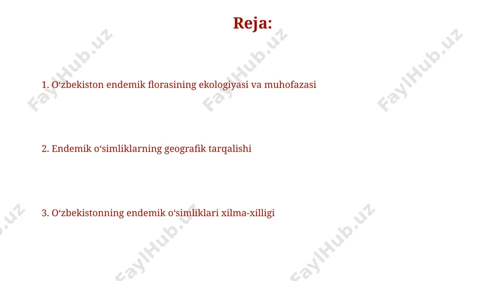 i uchrab, ularning koʻpchiligi tuproqning shoʻrlanishiga chidamli va qurgʻoqchilikka moslashgan. toshkent viloyatining togʻli hududlarida, taxminan 1500-2500 metr balandlikda, endemik oʻsimliklarning boy biologik xilma-xilligi kuzatilib, ularning 30 foizi faqatgina bu hududda tarqalgan. endemik oʻsimliklarning geografik tarqalishi fargʻona vodiysining oʻziga xos mikroiqlim sharoitida, 30 dan ziyod endemik oʻsimlik turi, xususan, daraxt va butalar oilasiga mansub turlar oʻsadi. uzbekistanning janubi-gʻarbiy qismida, qoraqalpogʻiston respublikasining 20% dan ortiq hududida, shuningdek, xorazm viloyatining choʻl va yarim choʻl zonalarida 100 dan ortiq endemik oʻsimlik turi tarqalgan. endemik oʻsimliklarning xilma-xilligi taxminan 500 ga yaqin endemik oʻsimlik turi namangan viloyatining janubiy qismlaridagi alp togʻlarida va yaqin atrofdagi oʻrmonlarda keng tarqalgan. endemik oʻsimliklarning 30% dan ortigʻi, jumladan, tuproq eroziyasiga chidamli noyob turlar qashqadaryo viloyatining qurgʻoqchil hududlarida oʻsadi. e'tiboringiz uchun rahmat @taqdimot_robot image2.png image1.png image5.jpg image6.jpg image7.jpg image8.jpg image9.jpg image10.jpg image11.jpg