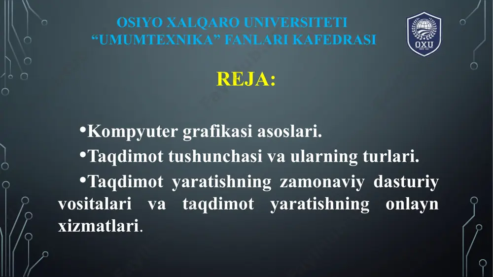 handislar va ixtirochilar tomonidan yangi binolar loyihalashda yoki turli texnik vositalar yaratishda qo’llaniladi. kompyuter grafikasi qo’llaniladigan sohalar ilyustrativ grafika – kompyuterda erkin yo’nalishda rasmlar va chizmalar chizish. kompyuter grafikasi qo’llaniladigan sohalar badiiy va reklama grafikasi – telefidniya sababli ommaviylashgan yo’alish. kompyuter ko’magida reklama roliklari, multfilmlar, videodarslar, videotaqdimotlar yaratiladi. kompyuter grafikasi qo’llaniladigan sohalar kopyuter animatsiyasi – bu displeyda harakatli tasvirlarni hosil qilish. kompyuter grafikasi qo’llaniladigan sohalar multimedia – komputer ekranidagi yuqori sifatli tasvirni ovozli izohlar bilan birlashtirish. keng tarqalgan soha ta’lim sohasi sanaladi. kompyuter grafikasi qo’llaniladigan sohalar kompyuter grafikasi turlari kompyuter grafikasi uch turga bo'linadi: vektorli grafika, rastrli grafika va fractal grafika. ular o‘rtasidagi asosiy farq nurning displey ekrandan o'tish usulidan iborat. eslab qoluvchi elektron-nurli trubka (ent)-larga ega vektorli qurilmalarda nur berilgan trayektoriya bo'ylab bir marta chopib o‘tadi, uning izi esa ekranda keyingi buyruq berilguncha saqlanib qoladi. demak, vektorli grafikaning asosiy elementi chiziqdir. kompyuter grafikasi turlari rastrli vektor fraktal rastrli grafika …
