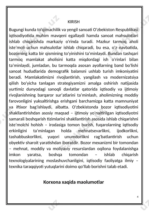 kesilga tayyor shaklda keladi. va kesilgan mahsulot to’g’ridan to’g’ri tikuv bo’limiga yuboriladi. korxonada tayyorlov bo’limida asosan kiyimning sifati va soni tekshiriladi. shundan so’ng ishchilar kiyimni simmetrik chizig’idan bukib kiyimning oshiqcha va notekis joylarini kesib kiyimni sifatliroq qilib tayyorlashadi. tikuvchilik korxonalari faoliyatining asosiy masalalaridan biri - bu assortiment siyosatdir. texnologik jarayonlarni zamonaviy loyihalash bevosita mahsulotni yetkazib berishni muvofiqlashtirish, m,ahsulotga bo’lgan talablar assortiment tuzilishini aniqlash va xabar berish bilan bog’liq. tikuvchilik buyumlarini ishlab chiqarish uchun iste’molchilarning muayyan guruhlarini e’tiborga olib, xususiyatlariga ega bo’lgan assortimentning optimal variantlari bilan ifodalanishi kerak. bu holatda turli xil mahsulotlar iste’molchilar guruhlari talabiga javob beradigan tarzda tanlanadi. ammo kelajak uchun muayyan modellarga bo’lgan ehtiyojni taxmin qilish murakkab. tikuv buyumlari assortimentining shakllanishi bu mahsulotni butun ishlab chiqarish davomida yuzaga keladigan jarayon bo’lib, u yaratilish konsepsiyasidan boshlanib ishlab chiqarish jarayoni bilan yakunlanadi. dastur bosqichida yangi mahsulotlar uchun bozor tashkil etiladi. savdolarning o’sishi yangilik sifat raqobatbardoshlik mahsulot narxi va boshqa ko’rsatkichlarga …
