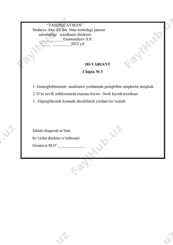 ng. ishlab chiqarish ta’limi. bo’yicha direktor o’rinbosari gizatova m.o’._____________ sirdaryo abu ali ibn sino nomidagi jamoat salomatligi texnikumi “feldsher laborantlik ishi ” yo’nalishi uchun kasbiy -amaliy imtixon savollari( 3 kvalifikatsiya boyicha 3ta stansyalar) iii-variant chipta -6 1. umumiy analiz uchun barmoqdan qon olish texnikasini ko`rsatib bering? 2 .havoni sanitariya -bakteriologik tekshirish. 3 . kasalxona qabulxonasiga 11 yoshli qizni olib kelishdi. u bo’shashish, uyqu bosishi va qorinda og’riqqa shikoyat qildi. qizchada qandli diabet borligi aniqlandi. bemorning so’zlariga qaraganda u har kuni ertalab 24tb insulin qabul qilib yurgan, bugun preparat yo’qligidan insulin qabul qilmagan. bolaning holatini baholang va birinchi yordam ko’rsating. baholash mezonlari 1stansiya umumiy analiz uchun barmoqdan qon olish texnikasini ko`rsatib bering? maksimal baho o’quvchinig bahosi · kerakli jihozlarni tayyo’rlash 2 · qon olish texnikasi 2 · utilizatsiya 1 jami: 5 2stansiya havoni sanitariya -bakteriologik tekshirish. maksimal baho o’quvchinig bahosi · mikroblarning umumiy sonini aniqlash 1 · pathogen va shartli pathogen …