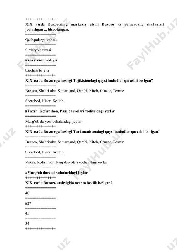 y geografiya ============== #xo‘jalik (tarixiy iqtisodiy) geografiyasi ============== siyosiy tarixiy geografiya ============== … ma’lum bir mintaqada yoki davlatning aholisi, u joylashgan hududlar, aholining etnik tarkibi va soni kabi masalalarni tarixiy geografiya fanining qaysi bo‘limi o‘rganadi? ============== #aholi tarixiy geografiyasi ============== tabiiy-tarixiy geografiya ============== xo‘jalik (tarixiy iqtisodiy) geografiyasi ============== siyosiy tarixiy geografiya ++++++++++++++ … o‘tmishdagi davlatlarning chegaralari, ma’muriy-hududiy bo‘linishi, urushlar bayoni, hukumdorlar faoliyatini o‘rganish, davlat boshqaruv aparatini tuzilishi, harbiy yurishlarda qo‘shinlarning harakatlari, janglarni borishi, bo‘lib o‘tgan joylarini aniqlash, milliy ozodlik harakatlarining yo‘nalishlarini tarixiy geografiya fanining qaysi bo‘limi o‘rganadi? ============== aholi tarixiy geografiyasi ============== tabiiy-tarixiy geografiya ============== xo‘jalik (tarixiy iqtisodiy) geografiyasi ============== #siyosiy tarixiy geografiya ++++++++++++++ mullo avaz muhammad ibn mullo ro‘zi muhammad so‘fi - avaz muhammad attor xo‘qandiyning qalamiga mansub asarni toping? ============== «tarixi shohruhiy» ============== «tarixi turkiston» ============== «tarixi farg‘ona» ============== #«tarixi jahonnamoyi» ++++++++++++++ mullo olim mahdumxojaninng qalamiga mansub asarni toping? ============== «tarixi shohruhiy» ============== #«tarixi turkiston» ============== «tarixi farg‘ona» …