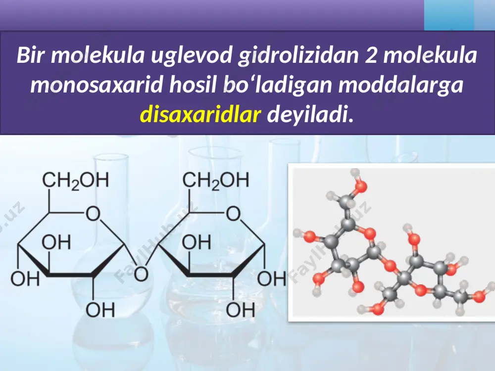 umumiy formulasi ham o‘xshash va tarkibi jihatidan ham glukoza zvenolaridan iborat. selluloza ham xuddi kraxmalga o‘xshab tabiiy yuqori polimerdir. bu polisaxaridlar bir-biridan glukoza qoldig‘ining har xil bog‘lanishi bilan farq qiladi. kraxmal inson uchun muhim ovqat manbai hisoblansa, sellulozadan bu maqsadda foydalanib bo‘lmaydi. fizik xossalari. kraxmal selluloza selluloza – mazasiz, hidsiz, tolasimon oq modda, suvda erimaydi, sellulozaning molekular massasi juda katta hisoblanadi. image2.jpg image3.png image4.png image5.jpeg image6.jpeg image7.jpeg image8.jpeg image9.jpeg image10.jpeg image11.jpeg image12.jpeg image13.jpeg image14.jpeg image15.jpeg image16.png image17.jpeg image18.png image19.jpeg image20.jpeg image21.jpeg image22.jpeg image23.jpeg image24.png image25.jpeg image26.jpeg image27.png image28.emf image29.emf image1.jpg