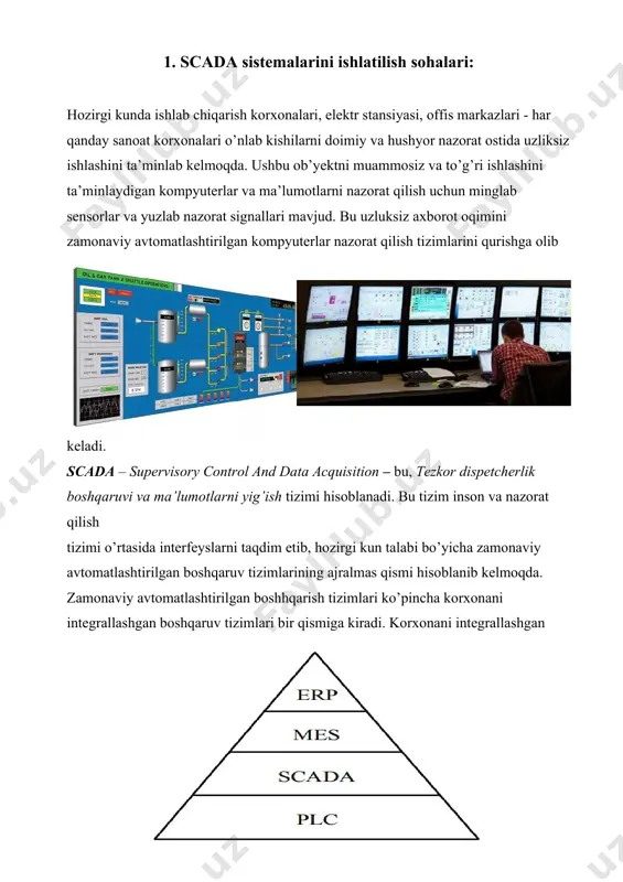 ta’minlash; • tashqi ilovalar bilan muloqot qilish (dkb,taxtli jadvallar, so’z protsessorlari va h.k). 2. scada tizimlariga qo‘yiladigan asosiy talablar: scada tizimlariga quyidagi asosiy talablar qo’yiladi: • tizimning ishonchliligi (texnologik va funksional); • xavfsizlikni boshqarish; • ma’lumotlarni qayta ishlash va taqdim etishning aniqligi; • tizimni kengaytirishning soddaligi. scada-tizimlaridan foydalanish tufayli ishlab chiqarish jarayonining samaradorligi sezilarli darajada ko’payishiga imkon beradi: • texnologik jarayonni yanada aniq nazorat qilish, barqarorlashtirish, mahsulot sifati va brak foizini kamaytirish; • operatorning harakatini kamaytirish, uni jamlash yanada samarali boshqaruv yechimlarini ishlab chiqishga qaratilgan jarayon; • operatorlar tomonidan sodir etilishi mumkin bo’lgan xatolar sonini kamaytirish; • favqulodda holatlarda favqulodda vaziyatlarni avtomatik aniqlash va ogohlantirish; • xodimlarga zarur ma’lumotlarni turli xil hisobot shaklida taqdim etish; • tayyor mahsulot sifatiga ta’sir etuvchi omillarni tahlil qilish. barcha zamonaviy scada tizimlari uch asosiy tarkibiy qismlarni o’z ichiga oladi: remote terminal unit (rtu) to’g’ridan-to’g’ri kuzatilgan ob’yektga va boshqaruvga real vaqtda ulanadigan uzoq terminaldir. ular …