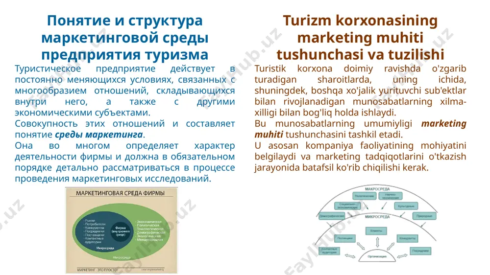 уктуры с выделением трудоспособного населения, учащихся и пенсионеров. так, достаточно четко прослеживаются тенденции изменения туристической подвижности в зависимости от возраста, пола и семейного положения. turizm korxonasining makro muhit omillari makro muhitning demografik omillarini o'rganish turistik korxonaning bozor imkoniyatlarini tahlil qilishda muhim o'rin tutadi. marketing aholi soni, uni alohida mamlakatlar va mintaqalarda joylashtirish, mehnatga layoqatli aholi, talabalar va nafaqaxo'rlarni taqsimlash bilan yosh tarkibi bilan bog'liq masalalarni ko'rib chiqishi kerak. shunday qilib, yoshi, jinsi va oilaviy ahvoliga qarab turistik harakatchanlikdagi o'zgarishlarning aniq tendentsiyalari mavjud. положительные эффекты факторы макросреды туристического предприятия экономические факторы не менее важны, чем демографические. главный из них – платежеспособность населения. на платежеспособность населения оказывает влияние много факторов, среди которых и уровень экономического развития самой страны, и размер заработной платы, и инфляция, и безработица. необходимо учитывать высокую зависимость спроса на туристические услуги от уровня дохода. немаловажно также знать структуру распределения доходов между различными группами населения. turizm korxonasining makro muhit omillari …