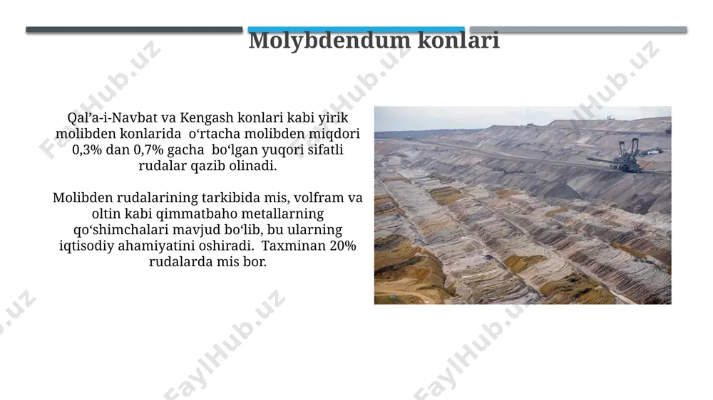 is konlarini qazib olishda ochiq va yer osti usullaridan foydalaniladi, yer osti usuli murakkab va qimmatroq bo'lsa-da, ba'zi konlarda, masalan, chuqur joylashgan konlarda, faqat shu usul qo'llaniladi. fosfat konlari qashqadaryo viloyatida joylashgan fosfat konlari oʻrtacha 25-30% p2o5 miqdoriga ega boʻlib, yuqori sifatli oʻgʻit ishlab chiqarish uchun juda mos keladi. oʻzbekistondagi fosfat konlarining umumiy zaxiralari taxminan 2 milliard tonnani tashkil etadi, bu mamlakatning mineral-xom ashyo bazasini yanada mustahkamlashga xizmat qiladi. volfram konlari volfram konlari oʻzbekistonning janubi-gʻarbiy hududlarida, asosan, qashqadaryo va surxondaryo viloyatlarida joylashgan boʻlib, umumiy zaxiralari 100 ming tonnadan ortiq deb baholanadi. oʻzbekistondagi volfram konlaridan qazib olingan xom ashyo metallurgiya sanoatida qotishmalar ishlab chiqarishda, shuningdek, harbiy-sanoat kompleksida qoʻllaniladi. tosh tuzi konlari tosh tuzi konlarining chuqurligi oʻrtacha 100-300 metrni tashkil etadi va qazib olish ishlari ochiq va yer osti usullaridan foydalanib amalga oshiriladi. bu konlarda 98% dan yuqori toza tuz zaxiralari mavjud boʻlib, ular kimyo sanoati, oziq-ovqat sanoati va boshqa sohalarda keng …