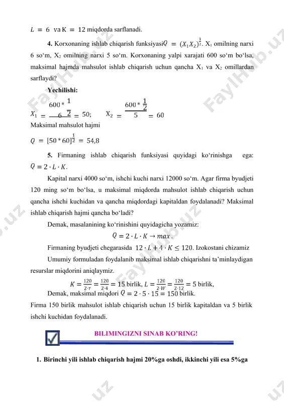 bo‘lsa, xarajatlarni, minimallashtirish uchun: a) ikki birlik birlik mehnat bir birlik kapital bilan birlashishi kerak; b) ular narxining nisbati 2:1 bo‘lishi kerak; c) ularning narxi nisbati 1:2 bo‘lishi kerak; d) mehnatga ko‘ra kapital ishlatilishi kerak; 3. izokvanta nimani anglatadi? a) yalpi egri ishlab chiqarish hajmini; b) bir xil hajmda mahsulot ishlab chiqarishni ta’minlovchi omillar kombinatsiyasini; c) berilgan resurslar hajmida turlicha ishlab chiqarish hajmlarini; d) o‘rtacha egri mahsulotni; 4. izokvanta va izokosta chiziqlarida joylashgan har qanday nuqta nimani bildiradi? a) ishlab chiqarilayotgan mahsulot hajmini; b) qiymat ko‘rinishidagi mahsulot hajmini; c) xarajatlar summasini; d) resurslar hajmi kombinatsiyasini; 5. ijtimoiy ishlab chiqarish nima? a) ishlab chiqarish vositalarini ishlab chiqarish jarayoni; b) iste’mol buyumlarini ishlab chiqarish; c) ishchi kuchini ishlab chiqarish; d) jamiyat miqyosida amalga oshiriladigan ishlab chiqarish jarayoni; krossvord 6 1 2 4 5 3 krossvord savollari 1. tovarlarni ayirboshlash usuli; 2. o‘z egasiga daromad keltiradigan ishlab chiqarish vositasi; 3. o‘zlashtirilgan moddiy va …