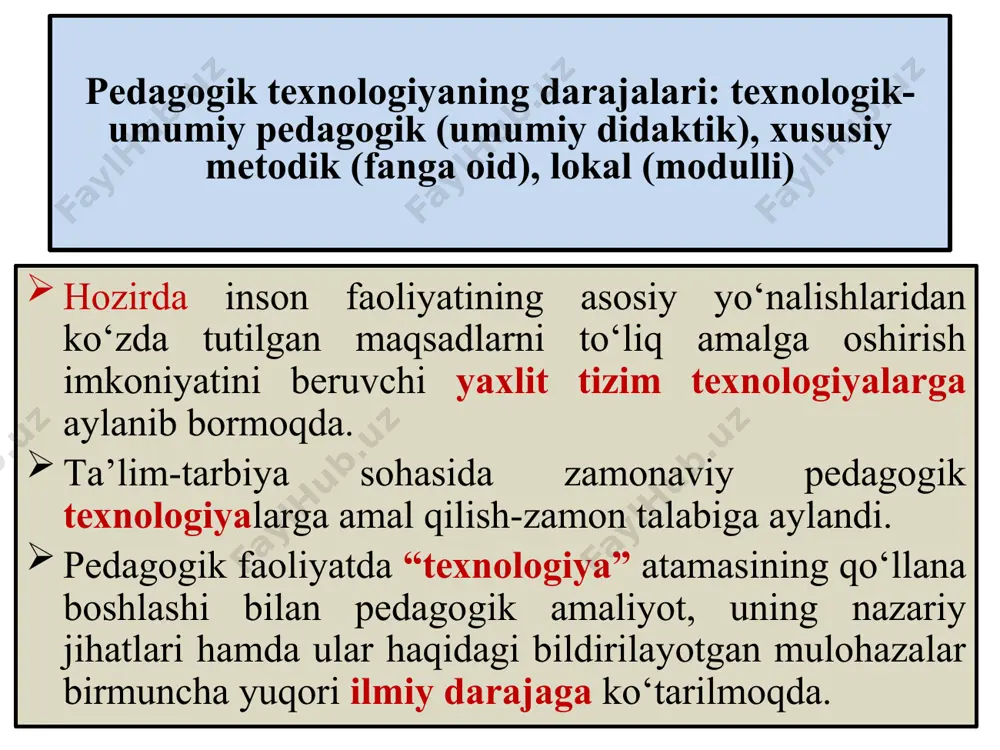 noatlantiradigan mezonlarni belgilaydilar: izchillik pedagogik texnologiyaning mezoni sifatida jarayonning mantiqiyligi, pedagogik texnologiyaning barcha qismlarining o‘zaro bog‘likligi, yaxlitligani o‘z ichiga oladi. boshqaruvga asoslanganligi pedagogik texnologiyaning mezonlaridan biri. u o‘quv jarayoni diagnostikasi, uni rejalashtirish va amalga oshirishni loyihalash, undagi o‘qitish metodlari va vositalari bilan o‘zgartirib turishdan iborat bo‘ladi. samaradorlik mezoni pedagogik texnologiyaning ta’lim jarayonining konkret sharoitlarida olinadigan yo`qsak natijalami ko‘zda tutadi. qayta tiklash pedagogik texnologiyalar mezonlaridan biridir. unda pedagogik texnologiyalami boshqa o‘quv yurtlarida qo‘llash imkoniyati tushuniladi. shunday qilib, oliy maktabda mutaxassislarning kasbiy tayyorgarligi murakkab va doimiy harakatdagi tizimni tashkil etadi. bu tizimda bo‘lg‘usi o‘qituvchining texnologik tayyorgarligi alohida o ‘rin tutadi. u bo‘lg‘usi pedagogning intellektual rivojlanishi, faol o'qishi, ijodiy shaxsning rivojlanishi, tafakkuming kasbiy yo‘nalganligini idrok qilish, o‘quv-bilish faoliyatini tashkil etishda tadqiqiy (ilmiy) tamoyillami amalga oshirish bilan bog‘langan. xulosa: pedagogik texnologiya fanining quyidagi asosiy tushunchalari mavjud: texnologiya – biror ishda mahoratda, jarayonda qo’llaniladigan yo’llar, usullar majmuasi. pedagogik texnologiya – pedagogik va texnologik yondashuvlar integrasiyasidir. …