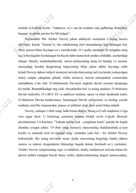 . ikkinchi qismda tasavvufiy allomalar va ular hayoti bilan bog‘liq hikoyatlar uchraydi. uchinchi qismda pand-nasihat ruhidagi 127 ta tanbeh kiritilgan. ushbu bitiruv malakaviy ishida “mahbub ul-qulub”dagi aforizmlar, yani hikmatlarni o’rganish asosiy mavzu qilib olindi. ushbu hikmatlarni buyuk sharq mutafakkiri sa’diy sheroziyning ”guliston” asaridagi aforizmlar bilan qiyosan o‘rganish adabiyotshunoslikda maxsus tadqiq obyekti bo’lmaganligi bitiruv malakaviy ishimiz mavzuining dolzarbligini belgilaydi. mavzuning o‘rganilganlik darajasi. navoiyning “mahbub ul-qulub” asari yuzasidan ko’plab tadqiqot ishlari olib borilgan. ular katta-katta kitoblardan tortib, kichik maqolalar shaklida. bu jihatdan adabiyotshunoslar a.kononov, n.mallayev, a.rustamov, a.hayitmetov, a.habibullayev, sh.hayitov kabilarning tadqiqotlarini ko‘rsatish mumkin3. ushbu ishlarda “mahbub ul-qulub”ning matni, tilshunoslik bilan bog’liq jihatlari, janr xususiyatlari, manbalari va g’oyaviy-badiiy tahlili bilan bog‘liq ko’plab fikrlar keltirilgan bo’lsa-da, asardagi aforizmlar sa’diy ”guliston”idagi aforizmlar bilan qiyosiy jihatdan o’rganilmagan edi. kurs ishining maqsad va vazifalari. ushbu kurs ishining asosiy maqsadi navoiy "mahbub ul-qulub” va sa’diy sheroziyning “guliston” asarlaridagi aforizmlarni qiyosan o‘rganishdan iborat. ushbu maqsaddan kelib chiqib, quyidagi vazifalarni …