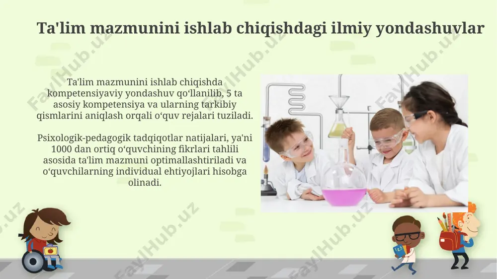 ta'lim jarayonining samaradorligini oshirdi. ta'lim tizimini ilmiy-uslubiy ta'minlashning dolzarbligi ta'lim sifatini 20-30% ga oshirish uchun zamonaviy pedagogik texnologiyalar va ilmiy tadqiqotlar natijalarini qo‘llash dolzarbdir, bu esa o‘quv jarayonining samaradorligini sezilarli darajada yaxshilaydi. ta'lim tizimining barcha darajalarida ilmiy-uslubiy qo‘llanmalar, elektron resurslar va o‘quv materiallari sonini 10% ga oshirish orqali o‘qituvchilarning kasbiy malakasini oshirish va pedagogik faoliyatini takomillashtirish zarur. davlat ta'lim standartlari va ularning ilmiy asoslari standartlarning ilmiy asoslari psixologiya va pedagogikaning zamonaviy yutuqlari, shuningdek, o'quvchilarning kognitiv rivojlanishi va ta'limning shaxsiylashtirilgan yondashuvi kabi 5 ta asosiy omilga tayanadi. o'rta maxsus, kasb-hunar ta'limi va oliy ta'limning davlat ta'lim standartlari o'quv rejalari tuzishda 12 ta malaka va kompetensiyani o'z ichiga olgan holda, milliy maqsadlarga moslashtirilgan. o'qituvchilarning kasbiy malakasini oshirishning ilmiy-uslubiy jihatlari ta'lim jarayonida samarali o'qitish metodologiyasi sifatida 5 ta asosiy o'quv kompetensiyasi (muammoli ta'lim, loyiha usuli, hamkorlikda o'qitish, baholash va refleksiya)ni qo'llash bo'yicha treninglarni tashkil etish kerak. o'qituvchilarning 80% dan ortig'i zamonaviy axborot-kommunikatsiya texnologiyalari …
