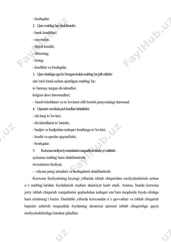 r ko`rsatishdan olingan pul tushumi; · asosiy faoliyatdan kelgan boshqa daromadlar (operatsion daromadlar); · moliyaviy faoliyatdan kelgan daromadlar; · favqulodda daromadlar. mahsulot sotish, ish bajarish va xizmatlar ko`rsatishdan sof pul tushumi xo`jalik daromadlarining asosini tashkil etadi. agar sanoat xususiyatiga ega mahsulotlar sotilsa, ularning qiymatiga qo`shilgan qiymat yoki aksiz solig`i ham qo`shiladi. bunda sof pul tushumi qo`shilgan qiymat yoki aksiz solig`ini chegirib tashlash orqali hisoblanadi. bozor iqtisodiyoti sharoitida korxonalar moliyaviy resurslarni shakllantirish manbalarini kengaytirish maqsadida asosiy ishlab chiqarish faoliyati bilan birga boshqa faoliyat turlarini ham olib borishga intiladi. asosiy faoliyatdan olingan boshqa daromadlarga quyidagilar kiradi: · ■undirilgan yoki qarzdor tomonidan e’tirof etilgan jarimalar, penyalar, vaqtida to`lanmagan qarzlar va xo`jalik shartnomalarini buzganlik uchun boshqa xil jazo jarimalari (masalan, kichik biznes korxonalarining boy berilgan foydasini to`lash yoki yetkazilgan ma’naviy zararni qoplash); · ■ hisobot yilida aniqlangan o`tgan yillar foydasi; · ■ mol-mulkni qisqa muddatga (bir yilgacha) ijaraga berishdan renta daromadi; · yordamchi tarmoqlardan …