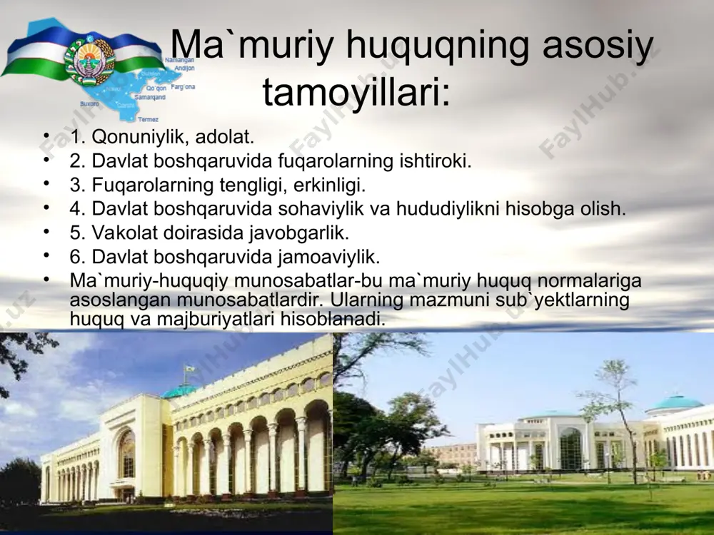 t jamiyatining siyosiy, ho’jalik va madaniy hayotga rahbarlik qiluvchi davlat organlariga ega. masalan; o’zbekistonda oliy davlat hokimiyat organi oliy majlis, mahalliy davlat hokimiyat organlari, viloyatlar, tumanlar va shaharlarda hokimlar boshchilik qiladigan xalq deputatlari kengashlaridir. siyosiy ijro etuvchi organ- davlat boshlig’i va vazirlar mahkamasining raisi prezident, mahalliy ijro etuvchi organ- viloyat, tuman va shahar hokimlaridan iborat. o’zbekiston huquqni muhofaza organlari mavjud. bu organlarning chiqaorgan normativ va huquqiy hujjatlari jamiyatning barcha a'zolari uchun majburiydir. davlat huquq va huquqiy normalar qabul qiladi. bularni bajarish barcha fuqarolar uchun, jamiyatning barcha siyosiy tashkilotlarining a'zolari uchun majburiydir. o’zbekiston mustaqillikka erishgandan keyin davlat va siyosiy tizimiga bozor iqtisodiyoti bilan bo’g’liq bo’lgan bir qancha davlat organlari paydo bo’ldi. masalan, mudofaa va tashqi iqtisodiy aloqalar vazirliklari, milliy havfsizlik hizmati, davlat soliq va bojhona qo’mitasi, davlat mulkini boshqarish va hususiylashtirish, qimmatbaho metallar, fan va tehnika qo’mitalari, turli kontsernlar, holding, kompaniya va boshqalar tuzildi. demak, jamiyat siyosiy tizimining vazifalari quyidagilardan iborat: …