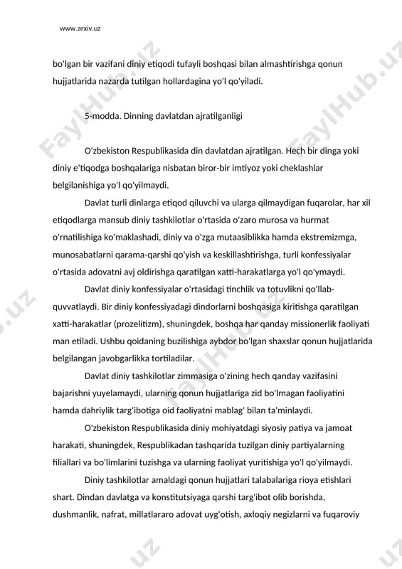 ati man etiladi. ushbu qoidaning buzilishiga aybdor bo'lgan shaxslar qonun hujjatlarida belgilangan javobgarlikka tortiladilar. davlat diniy tashkilotlar zimmasiga o'zining hech qanday vazifasini bajarishni yuyelamaydi, ularning qonun hujjatlariga zid bo'lmagan faoliyatini hamda dahriylik targ'ibotiga oid faoliyatni mablag' bilan ta'minlaydi. o'zbekiston respublikasida diniy mohiyatdagi siyosiy patiya va jamoat harakati, shuningdek, respublikadan tashqarida tuzilgan diniy partiyalarning filiallari va bo'limlarini tuzishga va ularning faoliyat yuritishiga yo'l qo'yilmaydi. diniy tashkilotlar amaldagi qonun hujjatlari talabalariga rioya etishlari shart. dindan davlatga va konstitutsiyaga qarshi targ'ibot olib borishda, dushmanlik, nafrat, millatlararo adovat uyg'otish, axloqiy negizlarni va fuqaroviy totuvlikni buzishda, bo'hton vaziyatni beqarorlashtiruvchi uydirmalarni tarqatishda, aholi o'rtasida vahima chiqarishda hamda davlatga, jamiyat va shaxsga qarshi qaratilgan boshqa xatti-harakatlarda foydalanishga yo'l qo'yilmaydi. terrorizm, narkobiznes va uyushgan jinoyatchilikka ko'maklashadigan, shuningdek, boshqa g'arazli maqsadlarni ko'zlovchi diniy tashkilotlar, oqimlar sektalar va boshqalarning faoliti man etiladi. davlat hokimyati va boshqaruv organlariga, mansabdor shaxslarga tazyiq o'tkazishga qaratilgan har qanday urinish, shuningdek, yashirin diniy faoiyat qonun …