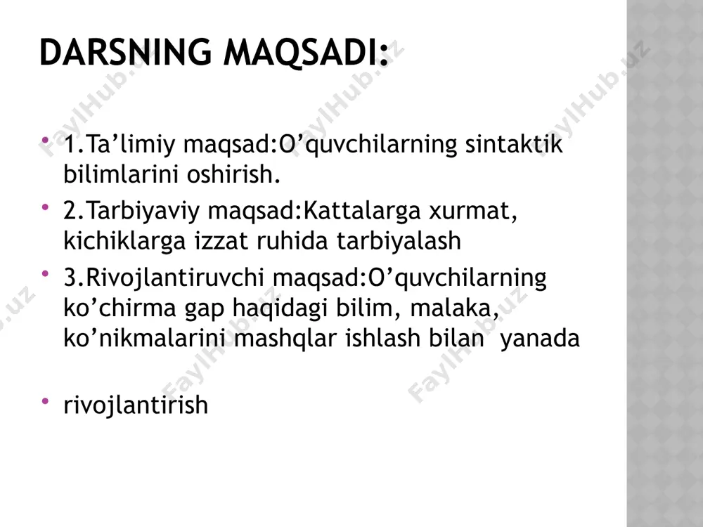 ga mos keladi? a.”k,-m,-k” b.m:”k”,-m s.m:”k” d.”k”,-m to’g’ri javob: b.m:”k”,-m qaysi gapda ko’chirma gap berilgan? a.men “gulxan”jurnalini o’qidim. b.”qo’rqoqqa qo’sh ko’rinar”,-deydi xalqimiz. s.rustam devorga nima chizilganini aytdi. d.to’g’ri javob yo’q. to’g’ri javob: b.”qo’rqoqqa qo’sh ko’rinar”,-deydi xalqimiz audio1.wav image1.jpeg /docprops/thumbnail.jpeg