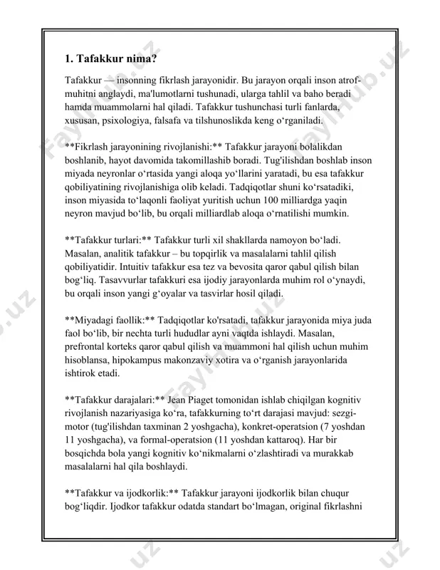ga oshirishda inson miyasi yuqori darajada faollashadi. tafakkurning ahamiyatini tushunish uchun ayrim muhim faktlar va statistik ma’lumotlarga murojaat qilamiz. avvalo, tafakkur insonning yashash va rivojlanishda asosiy vositalardan biri hisoblanadi. har bir inson kuniga 60,000 dan 80,000 gacha tuzatish mumkin tushunchalar shakllantirishi mumkin, bu esa kuniga 40-55 ta qabul qilinadigan qator ilohiy yoki axborot integratsiyasini o‘z ichiga oladi. bu jarayon har bir insonning individual maqsadlariga, intilishlariga va qiziqishlariga mos ravishda amalga oshiriladi. tafakkur rivojlanishi insonning yashash sharoitlari va zamon talablariga bog‘liq. masalan, ta’lim darajasi yuqori bo‘lgan jamiyatlarda insonlar tafakkur jarayonlari yanada rivojlangan bo‘lishi kuzatiladi. dunyodagi rivojlangan davlatlarda o‘quv aholi darajasi 95% dan ortiqni tashkil qiladi. bu esa iqtisodiy, ilmiy va madaniy taraqqiyotga bevosita tasir ko‘rsatadi. ilm-fan so‘yuzlari ta’kidlaydi, insonning tafakkur qilish qobiliyati asosan uning miyasi yardamida amalga oshiriladi. bu jarayonda miya neyronlarining soni va ular orasidagi bog‘lanishlar katta ahamiyat kasb etadi. inson miyasida taxminan 86 milliard neyron mavjud bo‘lib, har bir …