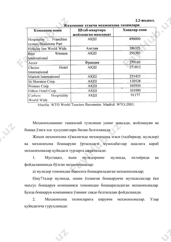г-сагноп деб номланиш ҳуқуқини сотиб олганидан кейин меҳмонхона индустриясида қўллана бошланди. 1927 йилдан бошлаб хоуард джонсон ўз отелларини франчайзинга бера бошлади. бу унга тез орада ишини - олдин шарқий қирғоқларда, ундан кейин - гарб марказида ва ниҳоят 60-йилларда калифорнияда кенгайишига имконият яратди. ҳозирда унинг тизими 900 дан ортиқ ресторанни ўзида бирлаштиради. нопс1ау 1пп5 (ҳозирда нопйау согрогаиоп номланувчи ва жаҳондаги энг йирик ҳисобланади) компанияси ҳам ўзининг тез ривожланиши франчайзинг туфайлидир. бизнес отелларнинг ривожланишига боғлиқ бўлган кемонс уилсон, 1952 йилда оиласи билан бирга бир меҳмонхонада дам олаётган эди ва ўзининг катта норозилигига қарамасдан иккита хонага: бири ўзи ва хотини учун, иккинчиси эса боллари учун пул тўлашга мажбур эди. шунда уилсон ҳаққоний нархларда оилавий дам олиш мумкин бўлган меҳмонхона қуришга қарор қилди. ҳар бир хона етарлича кенг ва иккита икки кишилик ётоқларга эга бўлсин, бу ота-оналарга ўз хоналарида болларни табиийки бепул жойлаштириш имкониятини беради. 50-йиллар ва 60-йилларнинг бошида ҳалкда иқтисод қилиш жуда юкори …