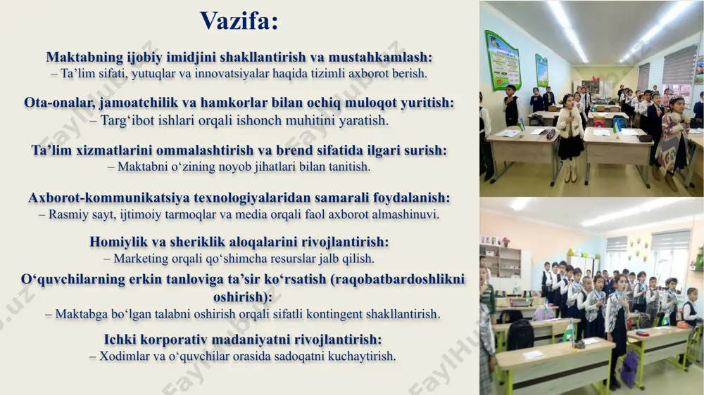 1. tashkiliy tuzilma loyihasiga “marketing va pr bo‘limi”ni kiritish; 2. bo‘lim uchun lavozim yo‘riqnomasi va funksional vazifalarni ishlab chiqish. maktab direktori 10 ish kunida marketing faoliyati huquqiy asosda yo‘lga qo‘yiladi 2 maktabning ichki va tashqi obro‘sini mustahkamlovchi faoliyat tizimli yo‘lga qo‘yilmaganligi 1. maktab brendi va qadriyatlariga asoslangan imidj konsepsiyasini ishlab chiqish; 2.maktab logotipi, shiori, tashqi ko‘rinishi va imidjga oid videoroliklar yaratish. maktab rahbarlari, informatia fani o‘qituvchisi 1,5 oy maktabning ijobiy imidji shakllanadi, raqobatbardoshlik oshadi 3 marketing faoliyatining natijalari baholanmasligi 1. ichki monitoring tizimi (indikatorlar, so‘rovnomalar)ni joriy etish; 2. har chorakda hisobot tayyorlash, jamoa bilan tahlil qilish. marketing mas’uli, direktor o‘rinbosarlari har chorakda marketing samaradorligi baholanadi, faoliyat doimiy takomillashadi 4 ota-onalar va jamoatchilik bilan samarali hamkorlik yo‘lga qo‘yilmagan 1. ota-onalar bilan kommunikatsion reja ishlab chiqish; 2. onlayn-platformalar orqali fikr almashish, hisobot kunlari, ochiq eshik kunlari o‘tkazish. mmibdoʻ, sinf rahbarlari har chorakda ota-onalar ishtiroki va ishonchi mustahkamlanadi maktabda marketing xizmatini tashkil etish …
