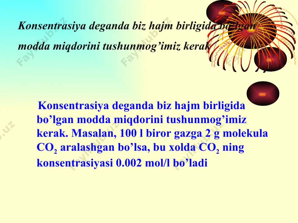 l bulishi tomonga siljiydi, ya'ni tugri reaksiya kuchayadi: 3h2 + n2 = 2nh3 agar nh3 ning konsentrasiyasini oshirsak, muvozanat h2 va n2 konsentrasiyalari ortadigan tomonga siljiydi: 2nh3 = 3h2 + n2 demak, muvozanat xolatni ushbu 3h2 + n2 = 2nh3 tenglama shaklida yozish mumkin. 1. konsentrasiyaning ta'siri. muvozanatda turgan sistemadagi biron moddaning konsentrasiyasi oshirilsa, kimyoviy modda shu modda sarf bulishi tomonga siljiydi. masalan, nh3 ni sintez kilishda h2 yoki n2 konsentrasiyalari oshirilsa kimyoviy muvozanat nh3 xosil bulishi tomonga siljiydi, ya'ni tugri reaksiya kuchayadi: 3h2 + n2 = 2nh3 agar nh3 ning konsentrasiyasini oshirsak, muvozanat h2 va n2 konsentrasiyalari ortadigan tomonga siljiydi: 2nh3 = 3h2 + n2 muvozanatdagi sistemaning temperaturasi oshirilsa, muvozanat endotermik reaksiya tomonga ya'ni issiklik yutilishi bilan boradigan reaksiya tomonga siljiydi. masalan, yukori temperaturada (1000°) h2 va o2 dan h2o xosil bulish reaksiyasida 2h2+o2=2h2o +q temperaturani 2000° gacha oshirsak, muvozanat suvning parchalanish reaksiyasi tomoniga siljiydi, chunki bu reaksiya issiklik …