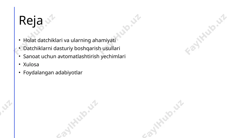 slardan samarali foydalanishni ta'minlaydi. datchiklarni boshqarishda zamonaviy dasturiy ta'minotning roli va afzalliklari. 1 zamonaviy dasturiy ta'minot zamonaviy dasturiy ta'minot datchiklarni yanada samarali boshqarish imkonini beradi, sensorlar ma'lumotlarini real vaqt rejimida qayta ishlash va tahlil qilishga yordam beradi. 2 integratsiya imkoniyatlari dasturiy ta'minot sensorlarni boshqa tizimlar bilan integratsiyalash imkonini berib, jarayonlarni avtomatlashtirish va samaradorlikni oshirishga xizmat qiladi. 3 tezlik va aniqlik sensorlarni dasturiy boshqarish jarayonlarni tezlashtiradi va ma'lumotlarni aniq yig'ish imkonini beradi, bu esa qaror qabul qilishni samarali qiladi. 4 iqtisodiy samaradorlik zamonaviy dasturiy ta'minot yordamida datchiklarni boshqarish iqtisodiy jihatdan foydali bo'lib, xarajatlarni kamaytirish va foydani oshirishga yordam beradi. sanoatda avtomatlashtirish: holat datchiklarining roli va imkoniyatlari. 01 avtomatlashtirishning asoslari avtomatlashtirish, sanoat jarayonlarini yanada samarali boshqarish uchun holat datchiklaridan foydalanishni talab qiladi, bu esa resurslarni tejaydi va ishlab chiqarishni oshiradi. 02 datchiklar va monitoring holat datchiklari, real vaqtda ma'lumotlar to'plab, ishlab chiqarish jarayonlarini nazorat qilishni ta'minlaydi, bu esa muammolarni tezda aniqlash imkonini …