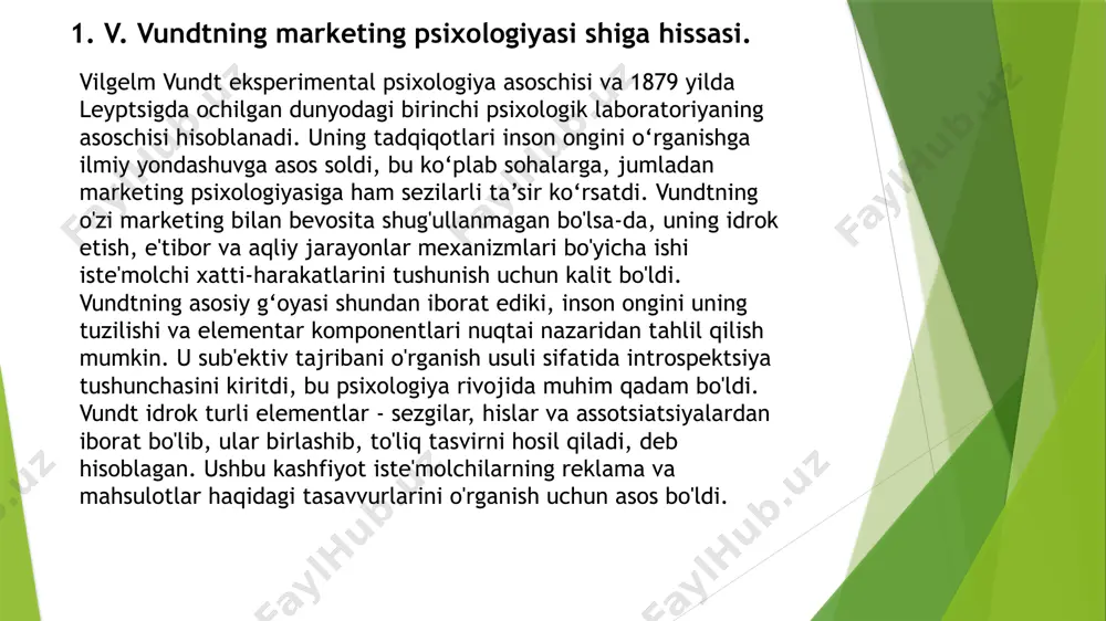 otlar sohasidagi tadqiqotlari ham marketing bilan bevosita bog‘liqdir. u his-tuyg'ularning uchta o'lchovini aniqladi: yoqimlilik - yoqimsizlik, hayajonlanish - tinchlantirish va taranglikdan xalos bo'lish. ushbu toifalar reklamaning iste'molchilarga hissiy ta'sirini baholash imkonini beradi. turli xil hissiy holatlar qaror qabul qilishga qanday ta'sir qilishi mumkinligi haqidagi bilimlar marketing kampaniyalarida keng qo'llaniladi. vundtning reaktsiya vaqtlari va hissiy chegaralar bo'yicha ishi iste'molchilarning reklama xabarlariga qanchalik tez va samarali javob berishini tushunish uchun asos bo'ldi. misol uchun, asosiy xabarlarga ega bo'lgan qisqa, ta'sirchan videolar uzoq, axborotga boy videolarga qaraganda tezroq diqqatni tortadi. idrok va javob o'rtasidagi bu bog'liqlik zamonaviy raqamli marketingda keng qo'llaniladi. vundtning muhim hissalaridan biri uning madaniyat va tilni o‘rganishga yondashuvidir. u ularni inson tafakkuri va xulq-atvoriga ta'sir etuvchi asosiy elementlar sifatida qaradi. bu, ayniqsa, samarali reklama kampaniyalarini yaratish uchun madaniy va lingvistik farqlarni hisobga olish kerak bo'lgan xalqaro marketing kontekstida muhimdir. bundan tashqari, vundt keyinchalik ijtimoiy psixologiyaning muhim qismiga aylangan guruh xulq-atvorini …