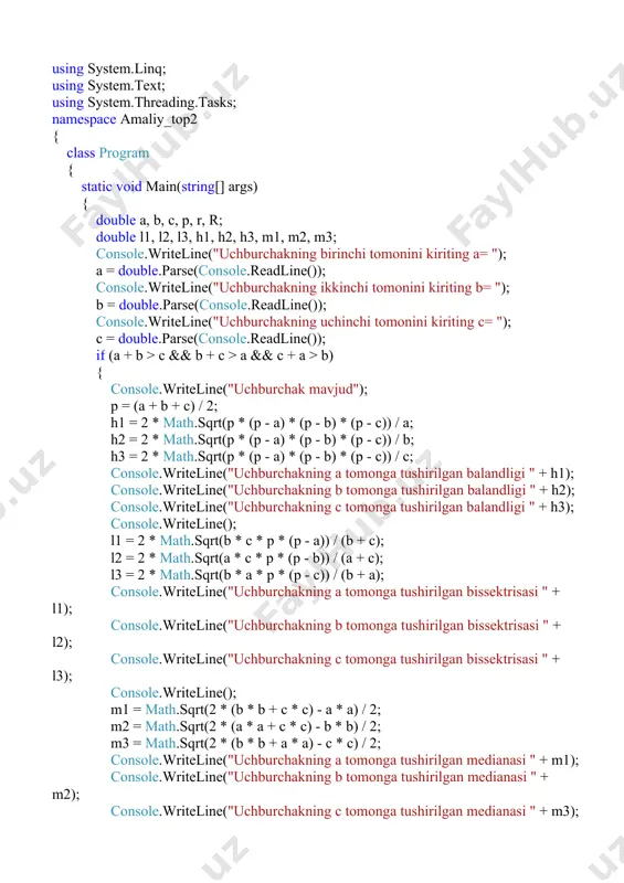 nafilename = "darsxona.txt"; string darsfilename = "dars.txt"; darsxona[] classrooms = new darsxona[3]; // darsxonadagi auditoriyalarni kiritish for (int i = 0; i = studentcount) { console.write("{classroom.roomnumber} "); } } console.writeline(); } } console.readkey(); } } } 19. sinflar. inkapsulyatsiya 11. yuguruvchi sinfi yugurish musobaqasi natijalari haqidagi , va berilgan-a’zolarni o‘z ichiga oladi. berilgan n o‘lchamidagi yuguruvchi sinf obe’ktlari massivi yaratilsin va quyidagi amallar bajarilsin: a) massiv yuguruvchilarni masofani bosib o‘tgan vaqtining kamayishi bo‘yicha tartiblansin; b) jamoa a’zolarining o‘rtacha yugurish vaqti bo‘yicha yuqori natija ko‘rsatgan uchta jamoa nomlari chop etilsin. using system; using system.collections.generic; class yuguruvchi { public string familiyasi{ get; set; } public string jamoanomi { get; set; } public int masofavaqti { get; set; } } class program { static void main() { console.write("yuguruvchi sinf obyektlari sonini kiriting (n): "); int n = int.parse(console.readline()); yuguruvchi[] yuguruvchilar = new yuguruvchi[n]; for (int i = 0; i { private list stack; …