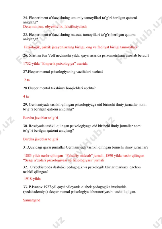 gogika institutida (pedakademiya) eksperimental psixologiya laboratoriyasini tashkil qilgan. samarqand 34. nechinchi yilda qori niyoziy nomidagi pedagogika fanlari ilmiy tadqiqot institutida pedagogik-psixologiya kabineti va psixologik laboratoriya kabineti tashkil etilgan. 1930-yilda 35. nechanchi yilda kavman xorvat maorif komissariga xat yo‘llab, davlatning ko‘zi ojiz, gung, ruhiy kasal va psixologik taraqqiyoti hamda psixikasi muvozanatsiz bolalarni o‘z tarbiyasiga olishi zarurligini ta’kidlagan. 1919-yilda 36.proektiv metodikalar turalari nechta? 4 ta 37.proektiv metodikaning bir turi bo’lgan konstutsionalga qaysi testlar misol bo’ladi? rorshax “siyoh dog’lari” testi 38. proektiv metodikaning bir turi bo’lgan konstruksiyalash qaysi testlar misol bo’ladi? ”dunyo” testi 39. proektiv metodikaning bir turi bo’lgan interperitatsiyalash qaysi testlar misol bo’ladi? tat 40. proektiv metodikaning bir turi bo’lgan to’ldirishga qaysi testlar misol bo’ladi? tugallanmagan gaplar metodikasi 41. 1962-yilda e.vagner tomonidan qaysi test taklif qilingan? ”qo’l test” testi 42.kantent-analiz bosqichlari nechta? 3 ta 43. kantent-analiz bosqichlari to’g’ri berilgan qatrorni aniqlang? barcha javoblar to’g’ri 44.psixodiagnostika jarayonida qaysi savollarga javob topilishi lozim? barcha …