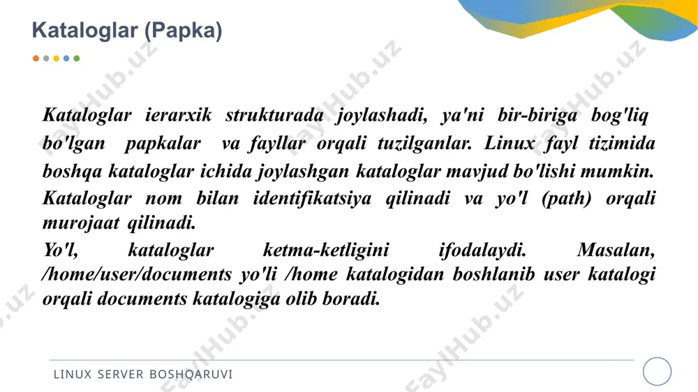 ydalanuvchi tomonidan tahrirlanishi kerak bo'lgan ma'lumotlarni o'z ichiga oladi. bu fayllar tizimning ishlashini va sozlamalarini belgilash uchun muhimdir. shuningdek, /etc katalogi tarkibidagi fayllarga faqat administrator ruxsatiga ega foydalanuvchilar kirish imkoniyati mavjud /opt/ linux server boshqaruvi opt. katalogi, standart linux fayl tizim ierarxiyasida ma'lum bir maqsadga ega bo'lmagan dasturlar va paketlar uchun ishlatiladi. bu katalog, o'rnatilgan dasturlarning o'zining o'ziga xos katalog strukturasi va fayllarini saqlash uchun mo'ljallangan joydir. bu dasturlar, umumiy fayl tizim ierarxiyasiga mos kelmaydigan yoki boshqa kataloglarda joylashmaydigan ma'lumotlar va resurslar bilan birgalikda keladigan dasturlar bo'lishi mumkin. bir necha dasturlar va paketlar, /opt katalogida o'rnatilishi tavsiya etiladi. misol uchun, adobe creative suite, google chrome, jetbrains ides (pycharm, intellij idea, vb.) kabi dasturlar odatda /opt katalogida joylashadi. /opt katalogi tarkibida har bir dastur yoki paket uchun alohida kataloglar mavjud bo'lishi mumkin. bu kataloglar odatda dasturning nomi yoki kompaniya nomi asosida nomlanadi. misol uchun, /opt/google-chrome katalogi google chrome brauzerini o'z ichiga …