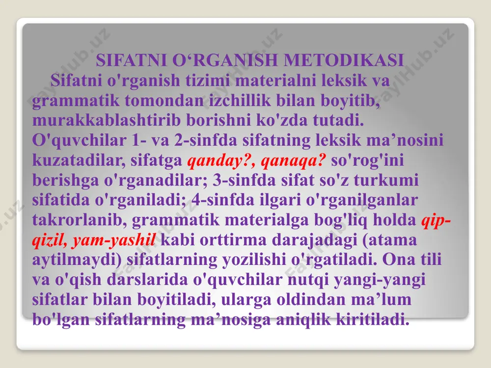 4) tayanch so'zlar va rasm asosida gap yoki kichik hikoya tuzish. ikkinchi bosqichda asosan ikki vazifa: „sifat" tushunchasini shakllantirish hamda o'quvchilar nutqini yangi sifatlar bilan boyitib borish, fikrni aniq ifodalash uchun mazmunga mos sifatlardan nutqda o'rinli foydalanish ko'nikmasini o'stirish hal qilinadi. ,,sifat“ tushunchasini shakllantirish o'quvchilarning „predmet belgisi" degan umumlashtirilgan kategoriyani o'zlashtirish darajasiga bevosita bog'liq. shu maqsadda rang, maza, shakl, hajm, xil-xususiyat bildiradigan so'zlar guruhlanadi va shu so'zlarning xususiyatlari umumlashtiriladi. sifatning leksik ma’nosi bilan birga uning xarakterli grammatik xususiyatlari ham qayd etiladi sifatlarning xususiyatlarini umumlashtirish asosida o'quvchilar uning so'z turkumi sifatidagi o'ziga xos ko'rsatkichlarini ajratadilar: a) predmet belgisini bildiradi, b) qanday? yoki qanaqa? so‘rog‘iga javob bo'ladi, d) gapda otga bog'lanib, shu ot bilan so'z birikmasi hosil qiladi, ikkinchi darajali bo'lak vazifasida keladi. bu sinfda og'zaki va yozma ijodiy ishlar (maktab bog'i yoki parkka ekskursiya vaqtida kuzatilgan daraxt, qushlar, hayvonlarni tasvirlab kichik hikoya tuzish kabilar)ga katta o'rin beriladi. o'quvchilarning sifatning leksik ma’nosi …