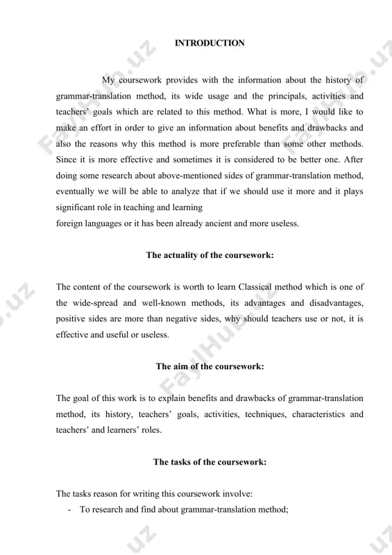 method and there are some modern teaching methods, it is still in use with a few minor changes or extra techniques coming from other methods. stem (1992) describes "a contrastive analysis, just as the comparative linguistics studies, is indeed very important for the second language learner. therefore, translation in one form or another can play a certain part in language learning" . ("issues and options in language teaching”) brown (1994) claims "it does virtually nothing to enhance a student's communicative ability in the language”. (“principles of language learning and teaching”) cunningham (2000) shows ''while there may indeed be some negative effects from using translation, there is a place in the learning environment for translation.translation can contribute to the students' acquisition of the target language, at all levels". (“translation in the classroom- a useful tool for second language acquisition") austin (2003) explains "as a teacher, i liked using the grammar translation …
