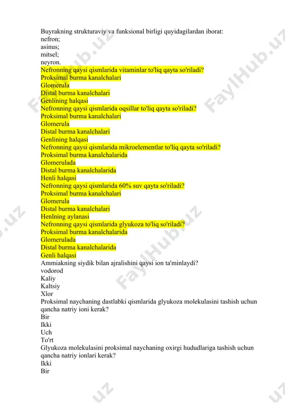 rod kaliy kaltsiy xlor proksimal naychaning dastlabki qismlarida glyukoza molekulasini tashish uchun qancha natriy ioni kerak? bir ikki uch to'rt glyukoza molekulasini proksimal naychaning oxirgi hududlariga tashish uchun qancha natriy ionlari kerak? ikki bir uch to'rt glyukoza tashuvchilar nefronning qaysi qismlarida joylashgan? proksimal burma kanalchalarida glomerulada distal burma kanalchalarida genlning aylanasida glyukoza uchun buyrak chegarasi qancha? 10 mmol / l 3,33 mmol / l 4,44 mmol / l 5,55 mmol / l nefronning qaysi qismlarida aminokislotalar to'liq qayta so'riladi? proksimal burma kanalchalari glomerulus distal burma kanalchalari genlining aylanasi siydikda aminokislotalar paydo bo'lishining sabablari nimada? qonning yuqori konsentratsiyasi, transport tizimlarining buzilishi qonning yuqori konsentratsiyasi, past filtrlash bosimi filtrlash bosimining pasayishi, transport tizimlarining buzilishi proteinning yuqori miqdori, qondagi aminokislotalarning yuqori konsentratsiyasi nefronning qaysi qismlarida 15% suv qayta so'riladi? genle halqasi, distal burma kanalchalari, yig'ish kanallarida glomerula, distal burma kanalchalarida distal burma kanalchalarida, xenle halqasida yig'uvchi kanali, glomerulada birlamchi filtratda qancha suv oxirgi …