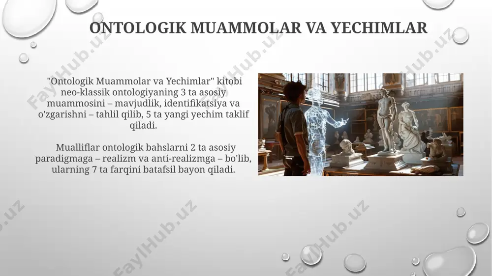neoclassic ontologiyada subyektivlik va ob'ektivlikning 2 ta asosiy yo'nalishi – transandantal idealizm va realizm o'rtasidagi munosabatlarni 3 asosiy xususiyatlar yordamida tahlil qilish muhim ahamiyatga ega. biliming tabiati va ontologiyaga ta'siri “bilining tabiati va ontologiyaga ta’siri” neo-klassik ontologiyada 3 ta asosiy epistemologik pozitsiyani, shu jumladan, korrespondentsiya nazariyasi, koherentsiya nazariyasi va pragmatizmni o'z ichiga oladi. “bilining tabiati” ning 5 ta asosiy xususiyatini – ob’ektivlik, sub’ektivlik, to’g’rilik, to’liqlik va amaliylikni hisobga olib, ontologiya intizomlararo tadqiqotlarni o'tkazishga imkon beradi. neoklassik ontologiya va boshqa falsafiy oqimlar ushbu ontologiya, mavjudlikka oid 5 ta asosiy kategoriyani – modda, xususiyat, munosabat, hodisa va jarayonni – tahlil qilishga urgʻu beradi. neoklassik ontologiya, ekzistensializm va poststrukturalizm kabi aks akslantiruvchi oqimlardan farqli ravishda, ob’ektiv haqiqatning mavjudligini tasdiqlaydi va uni mantiqiy-matematik usullar yordamida oʻrganishga harakat qiladi. zamonaviy fan va neoklassik ontologiya neoklassik ontologiya, 20-asrning ikkinchi yarmidan boshlab, ma'lumotlarning 10 dan ortiq turini va ularning ontologik ma'nosini tizimli tahlil qilishga kirishdi, bu esa …