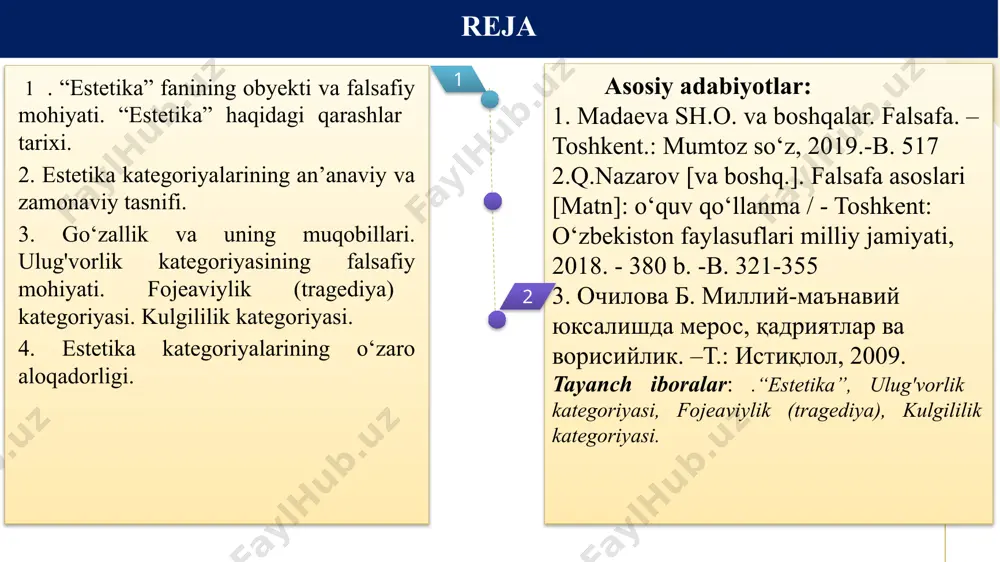 ushunchalar bor. estetika fani falsafiy bilimlar tizimida o‘ziga xos o‘rin egallaydi. estetikaning borliqni estetik o‘zlashtirish mohiyati va qonuniyatlari haqidagi fan; estetika fani psixologiya fani bilan ham chambarchas bog‘liq. 1 estetikaning predmeti, maqsadi va vazifalari: estetika san’at va badiiy faoliyat turli shakl ko‘rinishlarini o‘rganadigan bilim sohalari uchun uslubiy asos bo‘ladi. estetikaning amaliyot uchun ahamiyati nimada? u voqelikka qanday ta’sir o‘tkazadi? estetika san’atshunoslik bilim sohalari uchun boshlang‘ich na-zariy va uslubiy asos bo‘ladi. estetika amaliyoti adabiy-badiiy tanqidda yaqqol namoyon bo‘ladi. badiiy tanqid bilan estetik nazariya o‘rtasida azaliy uzviy bog‘liqlik mavjuddir. i estetikaning predmeti, maqsadi va vazifalari: “estetika” haqidagi qarashlar tarixi. geraklit (e.a. 540-480) nafosat xossalari moddiy dunyoning o‘zidan kelib chiqqan, nafosat hamohanglikni anglatadi, hamohanglik esa qarama-qarshiliklar birligini tashkil etadi, deb ko‘rsatadi va nafosatning nisbiyligi g‘oyasini ilgari suradi. suqrot (e.a. 470-399), go‘zallik koinotdan inson turmushiga, uning ichki kechinmalariga ko‘chirilgan, go‘zallik va ezgulik bir-biridan ajralmasdir. aflotun (e.a. 427-347) fikricha, nafosat manbaini “g‘oyalar” tashkil etadi, uning …