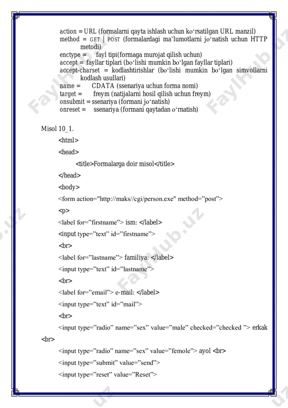 ecked = checked (bayroqchalar va ulagichlarning tanlanganlik holati) readonly = readonly (matn va parol uchun faqat ukish uchun) disabled = disabled (element taqiqlangan) size = cdata (elementning boshlang‘ich kengligi) maxlength = son (matndagi maksimal simvollar soni) src = uri (uri (universal resource identifier) tugmaning grafik shakli) alt = tekst (tugma uchun alternativ matn) usemap = uri (uri murojaatlarning mijoz kartasi) ismap = ismap (murojaatlarning server kartasi) accesskey = simvol (tez murojaat uchun tugma nomi ) tabindex = son (tab tugmasi bilan borish uchun tartib raqami) accept = fayllar tiplari (mumkin bo‘lgan fayllar tiplari) onfocus = ssenariya (element fokuslanganda yuz beradi) http://wdh.suncloud.ru/html01.htm#cdata http://wdh.suncloud.ru/html01.htm#cdata http://wdh.suncloud.ru/html01.htm#cdata http://wdh.suncloud.ru/html01.htm#text http://wdh.suncloud.ru/html01.htm#character http://wdh.suncloud.ru/html01.htm#script onblur = ssenariya (element fokusi yo‘qolganda sodir bo‘ladi) onselect = ssenariya (element matni tanlanganda) onchange = ssenariy (element qiymati o‘zgarganda) text – birqatorli kiritish maydoni. value – bu parametrga maydoning boshlang‘ich qiymati beriladi. size – maydoning o‘lchami. maxlength – bir maydondagi mumkin bo‘lgan simvollar …